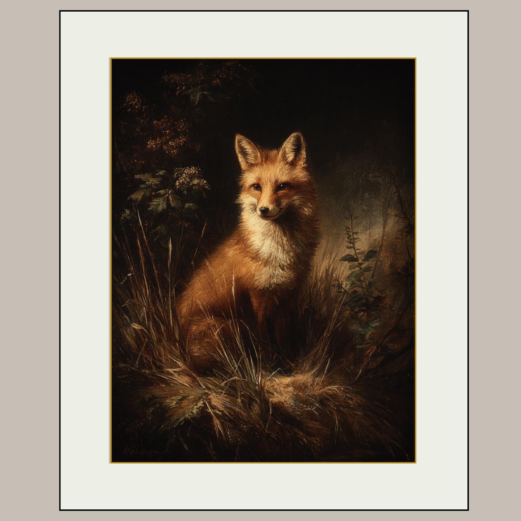 Fox Wall Art Print, Moody Woodland Wildlife Painting, Dark Academia Animal Illustration
