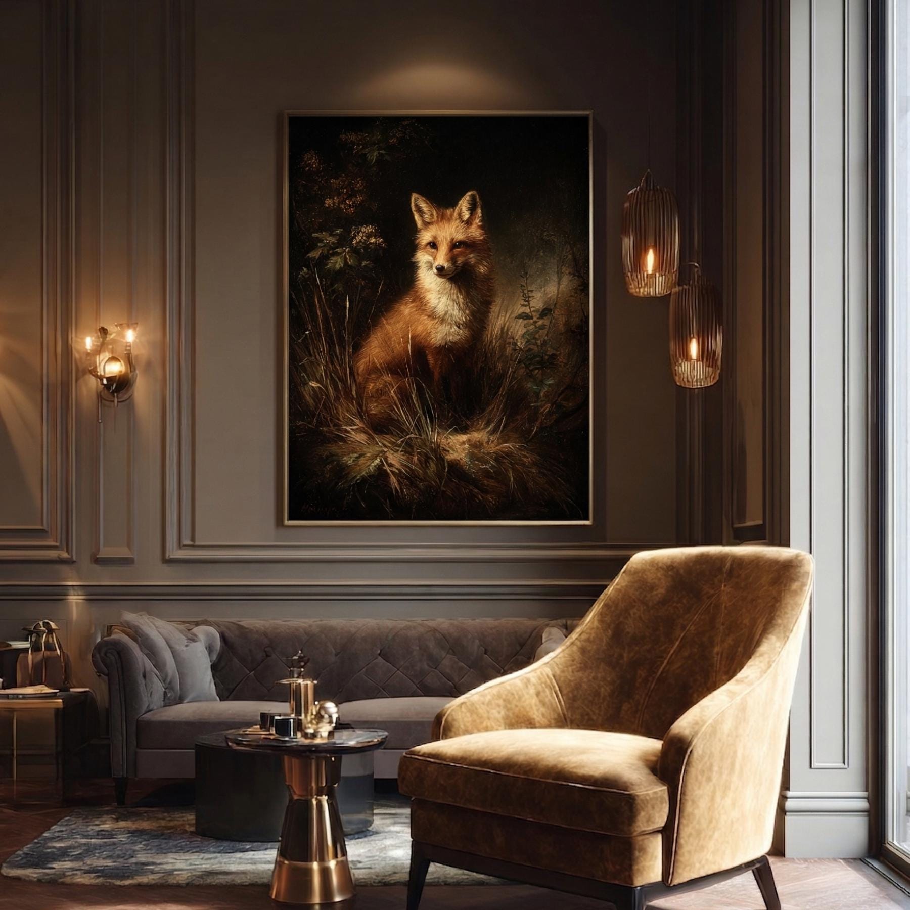 Fox Wall Art Print, Moody Woodland Wildlife Painting, Dark Academia Animal Illustration