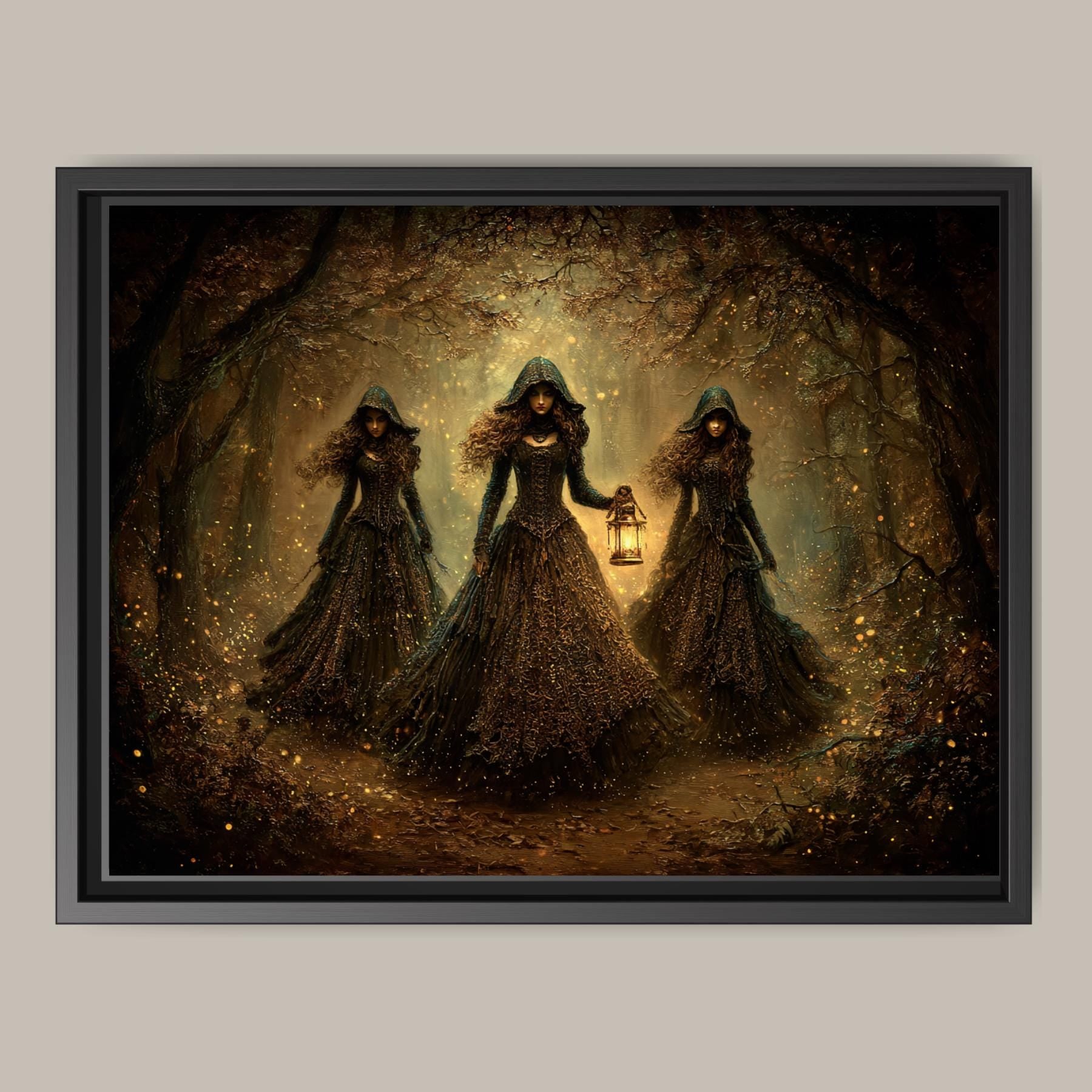 Three Witches Wall Art Print, Dark Fantasy Witch Coven Painting, Gothic Woodland Decor