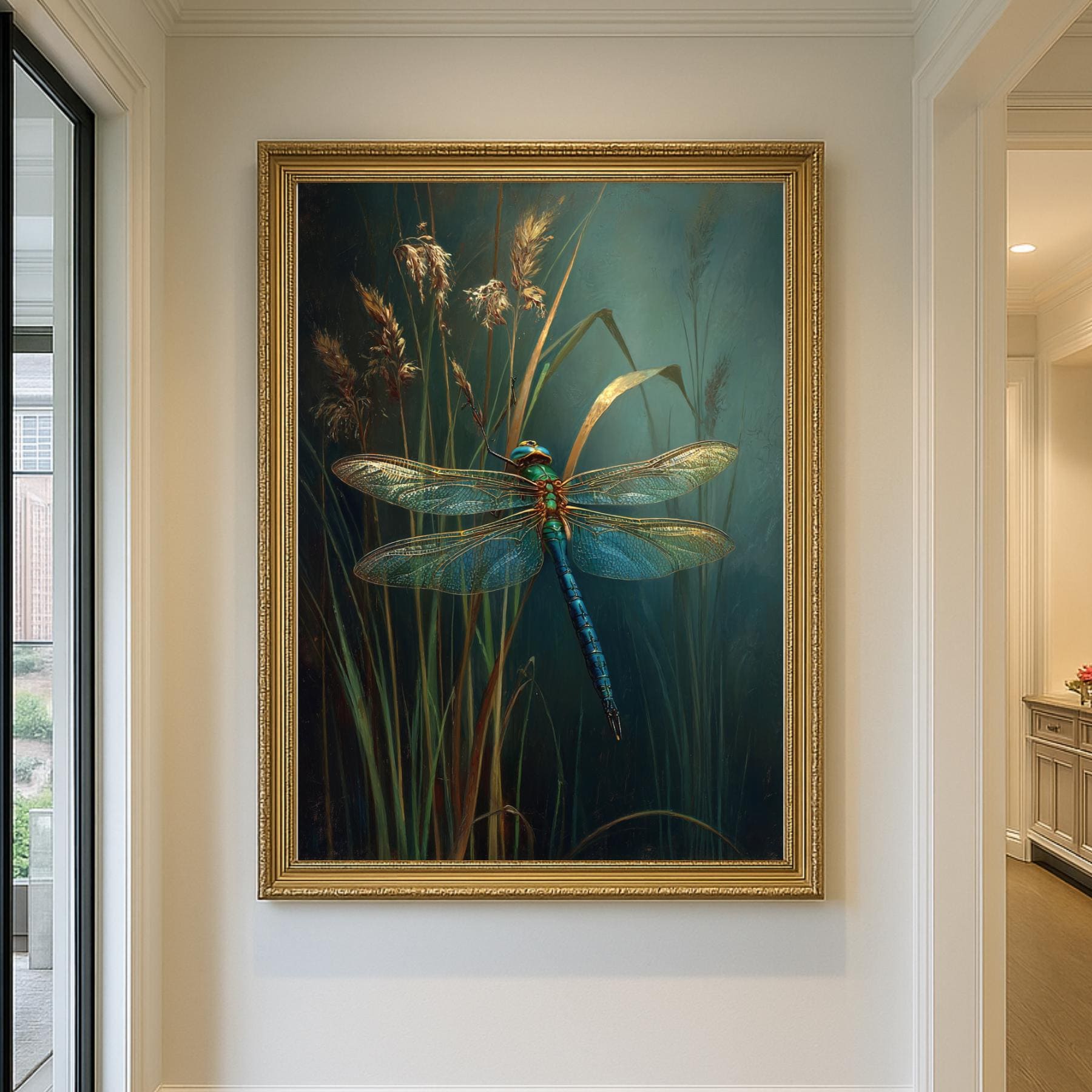 Dragonfly Wall Art Print, Teal Botanical Insect Painting, Dark Academia Wall Decor