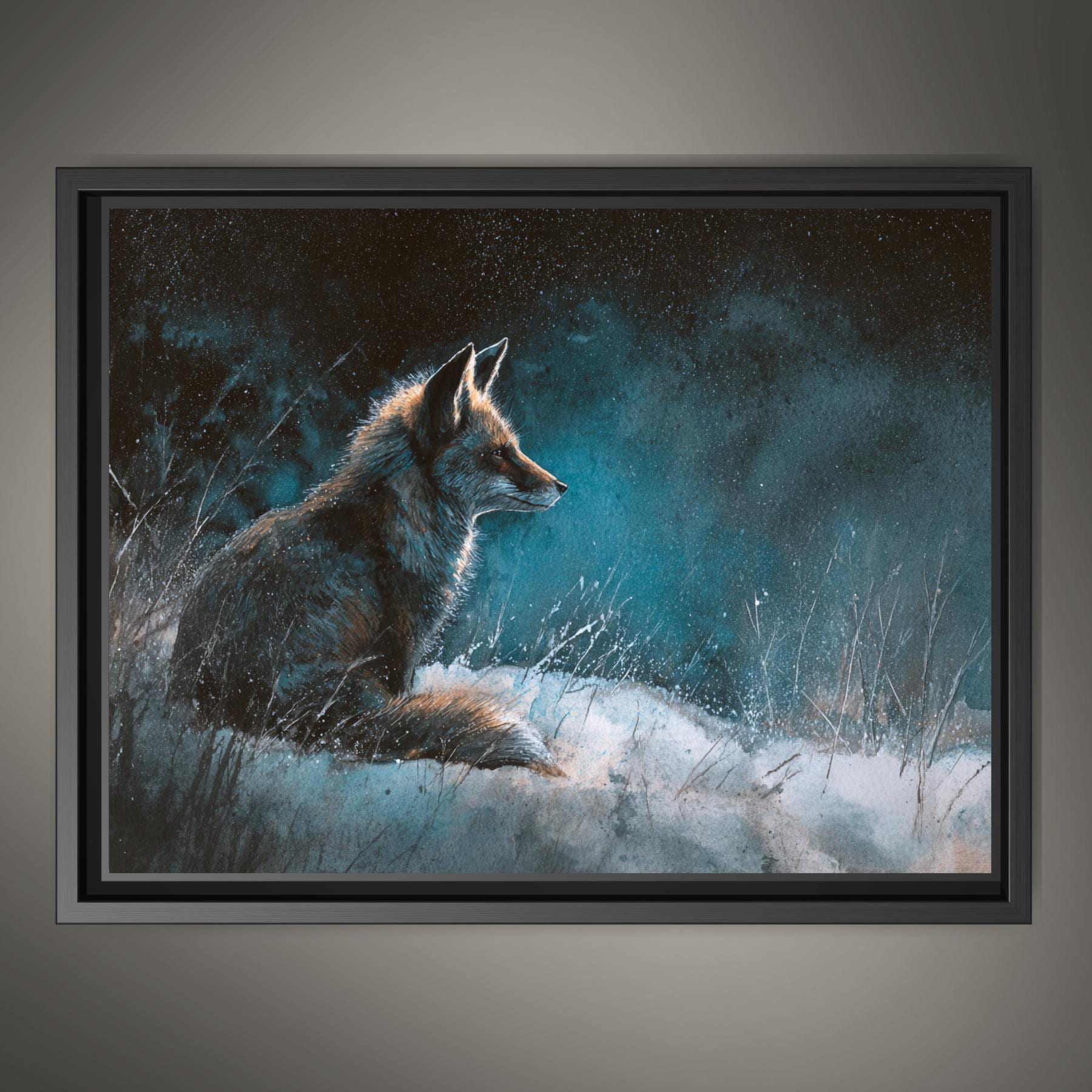 Fox Wall Art Print Woodland Animal Painting Winter Artwork Dark Moody Nature Decor Main image