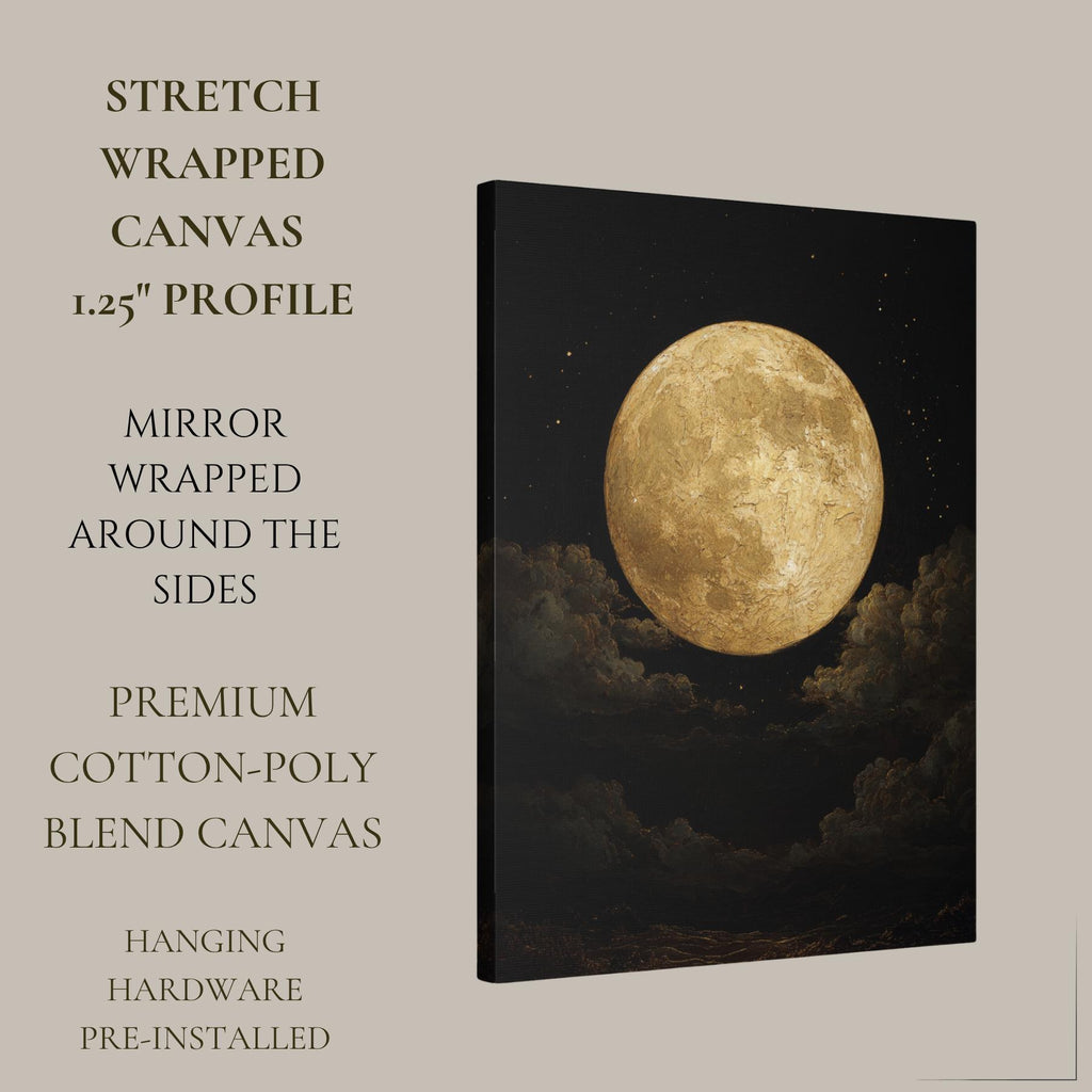 Golden Full Moon Wall Art Print, Celestial Night Sky Cloudscape Painting