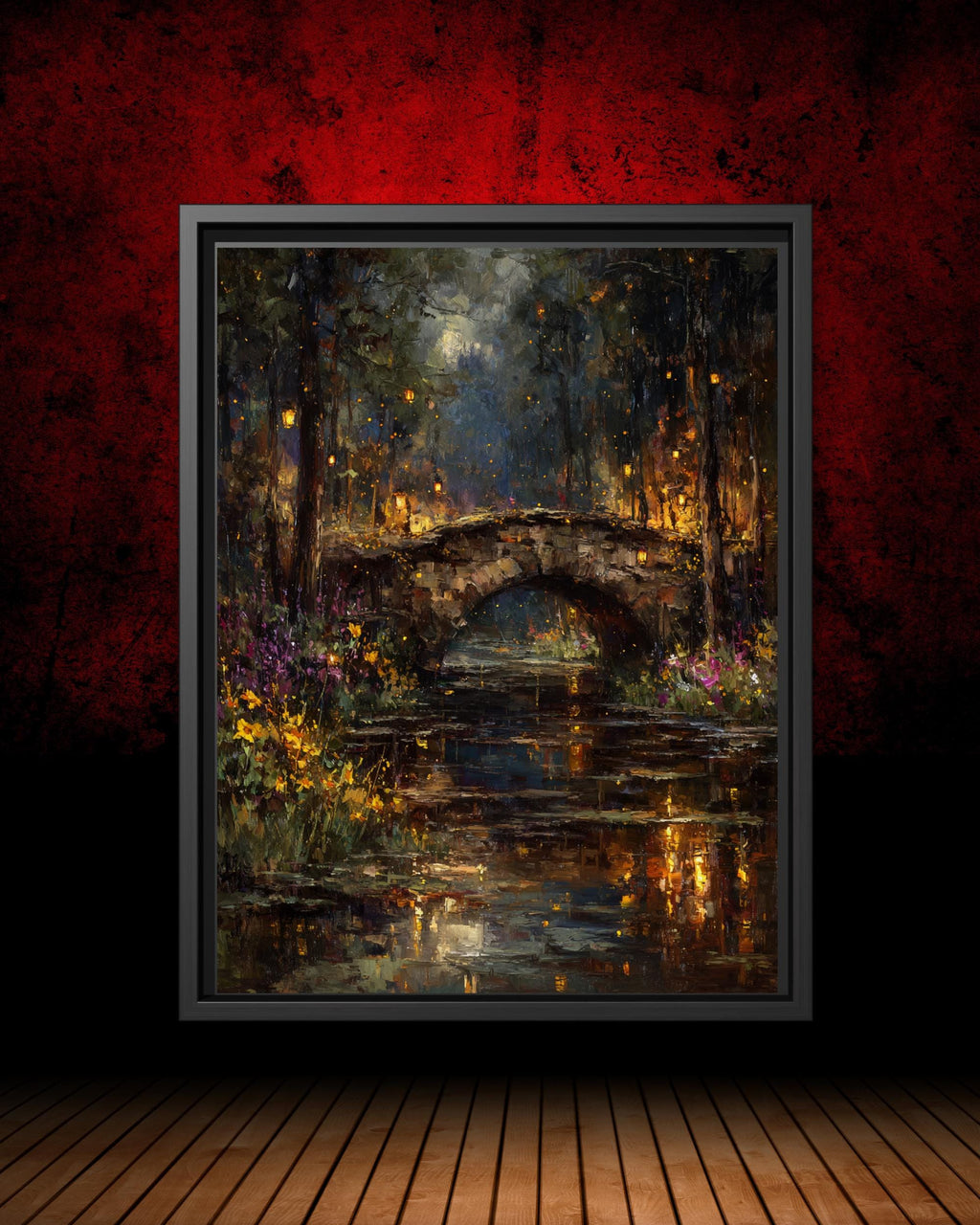 Moonlit Stone Bridge Art Print: Enchanted Forest Lantern River Wallart