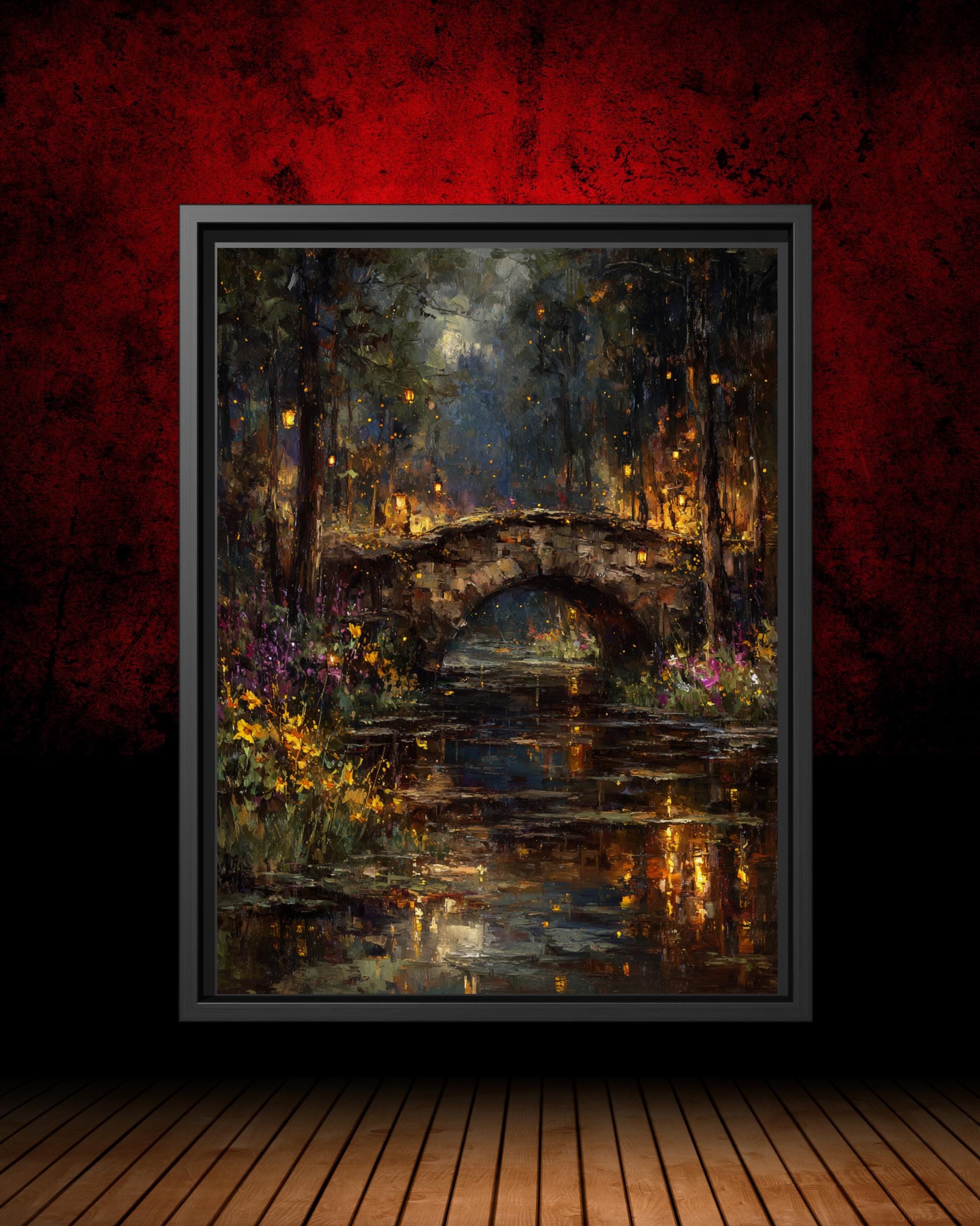 Moonlit Stone Bridge Art Print: Enchanted Forest Lantern River Wallart