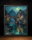City of Starlight Fantasy Wall Art Print, River Bridge, Moonlit Night Cityscape Painting