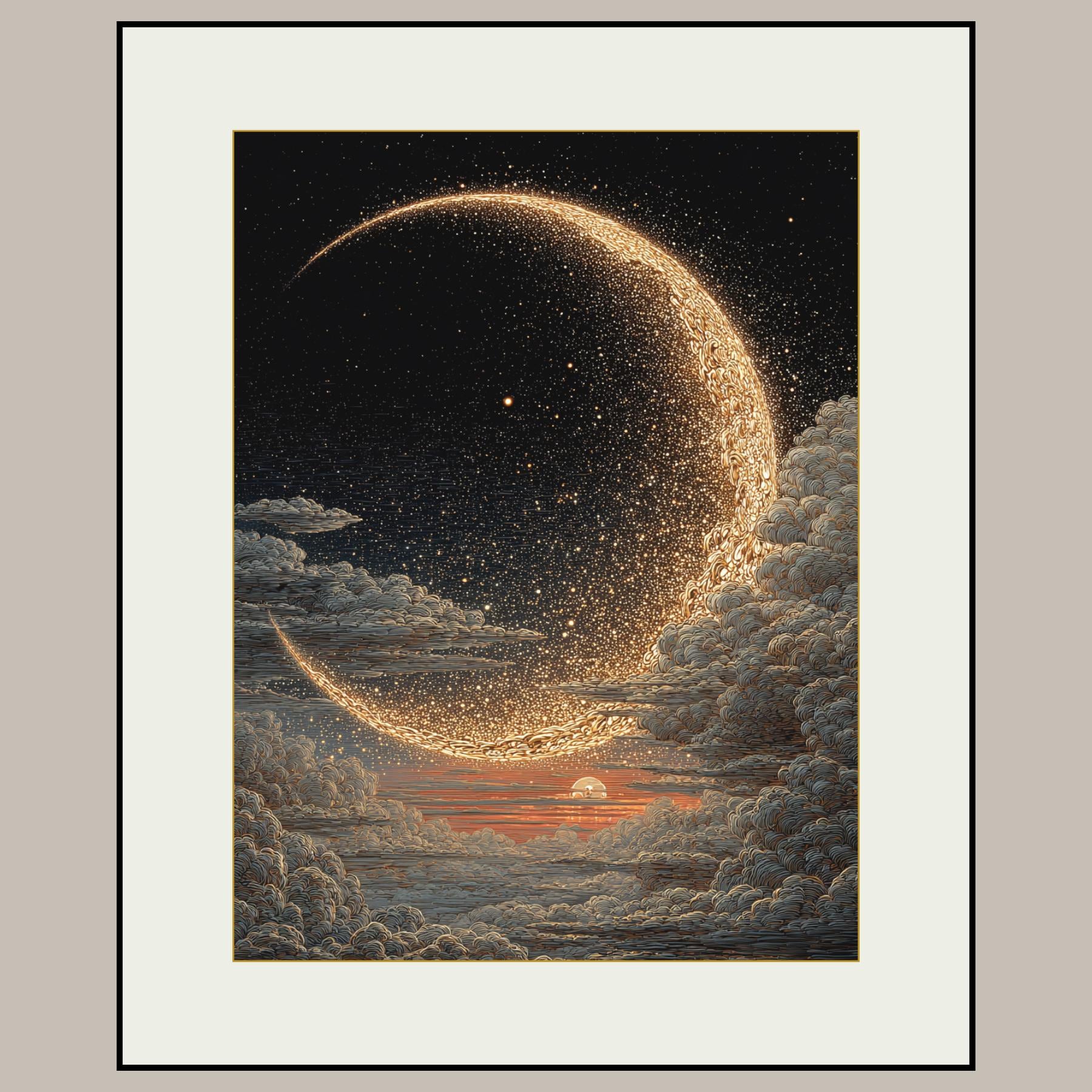 Golden Crescent Moon Wall Art Cloudy Sky Print Dark Moody Luxury Night Sky Decor