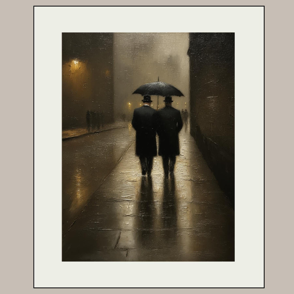 Two Gentlemen Walking, London Streetscene Print, Male Couple with Umbrella Painting