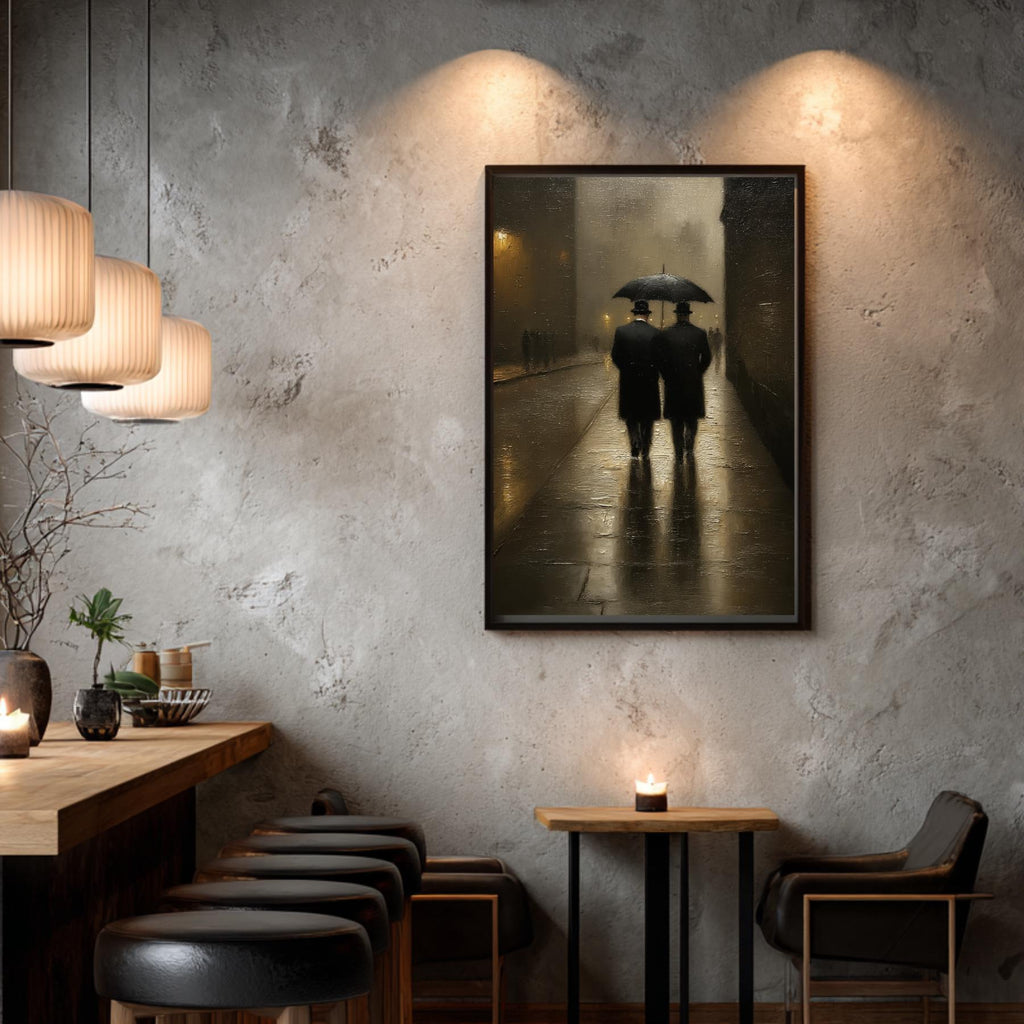 Two Gentlemen Walking, London Streetscene Print, Male Couple with Umbrella Painting