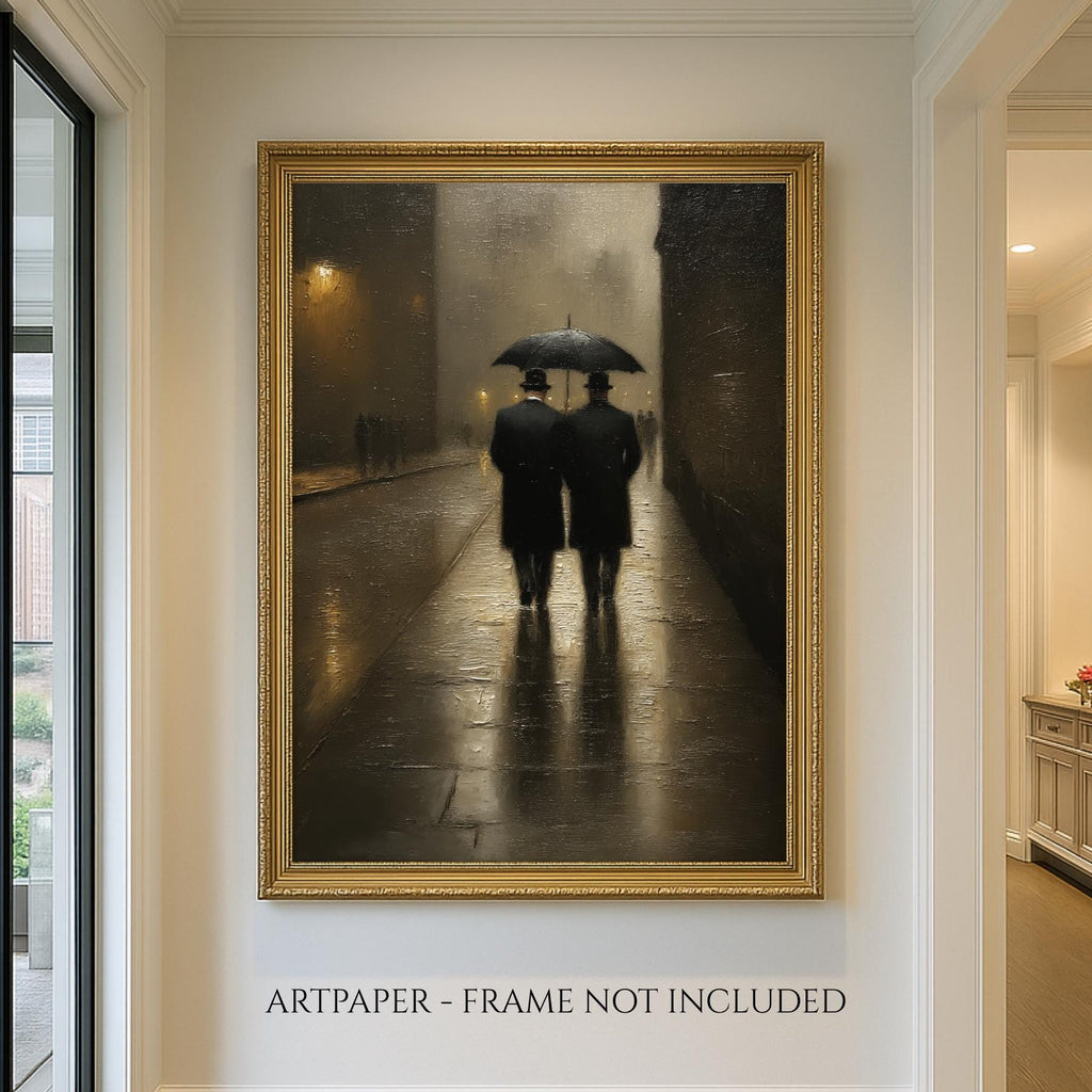 Two Gentlemen Walking, London Streetscene Print, Male Couple with Umbrella Painting