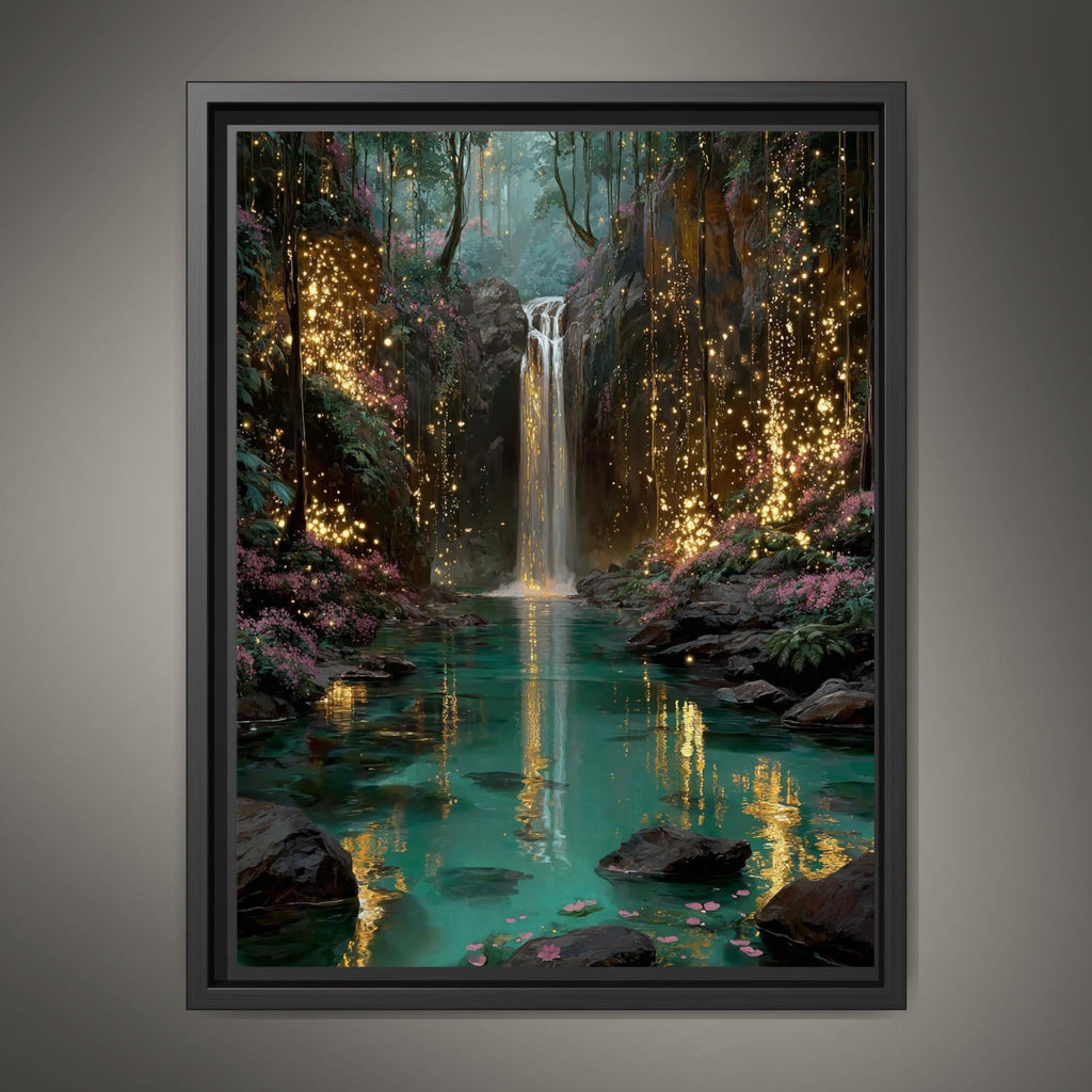 Firefly Waterfall Forest Wall Art Print, Magical Fairy Light Woodland Painting Water Reflections Decor