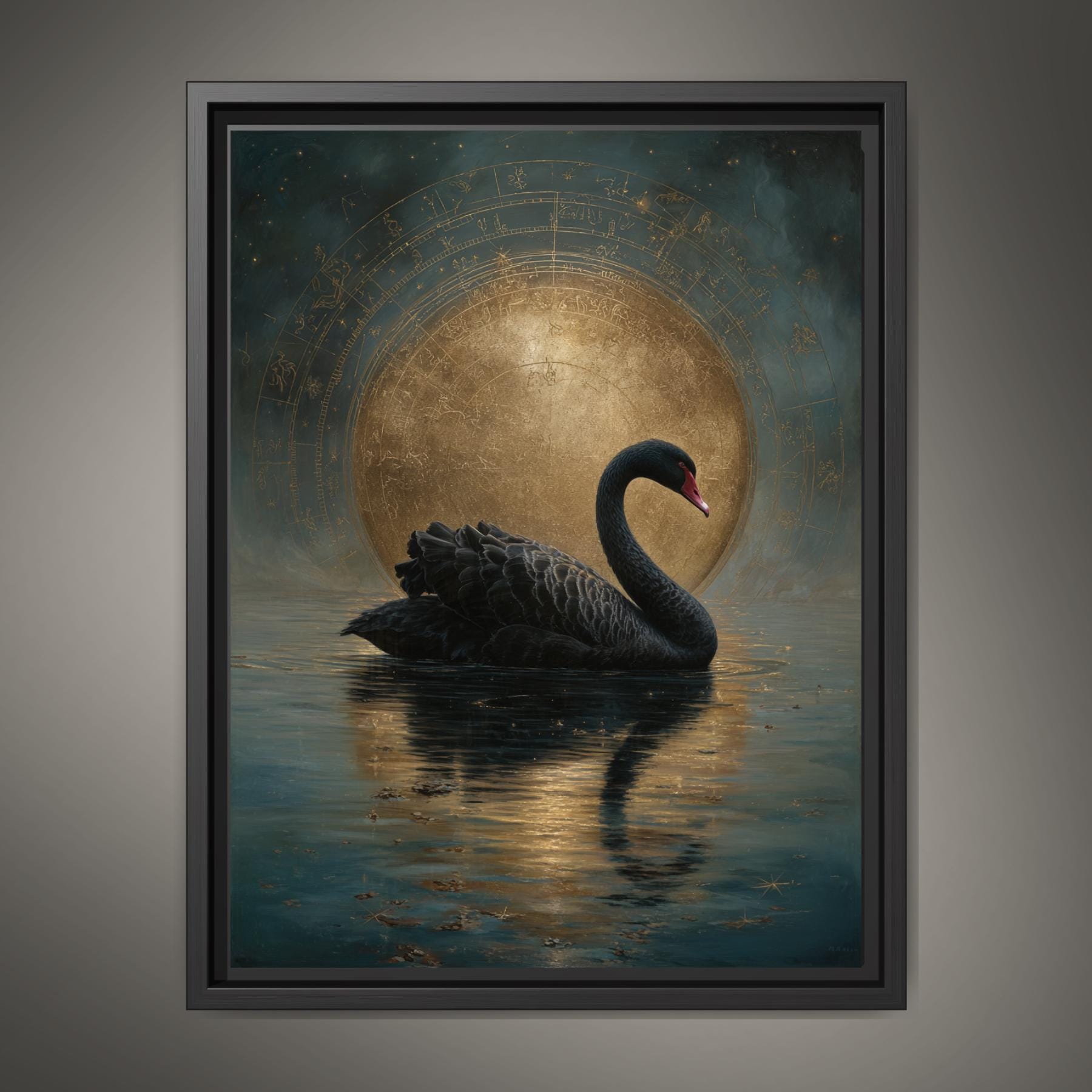 Black Swan Celestial Moon Art Print, Vintage Bird Artwork Painting Main image