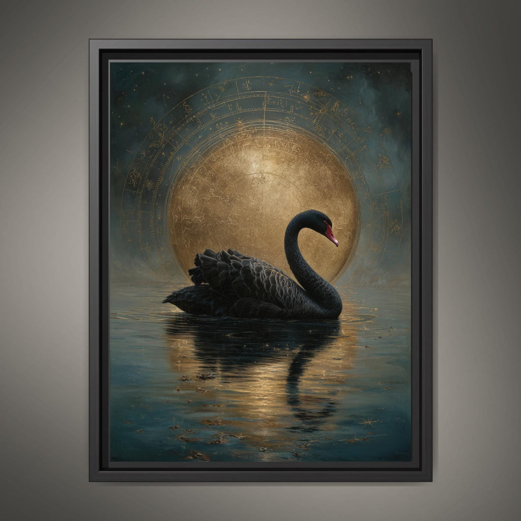 Black Swan Celestial Moon Art Print, Vintage Bird Artwork Painting