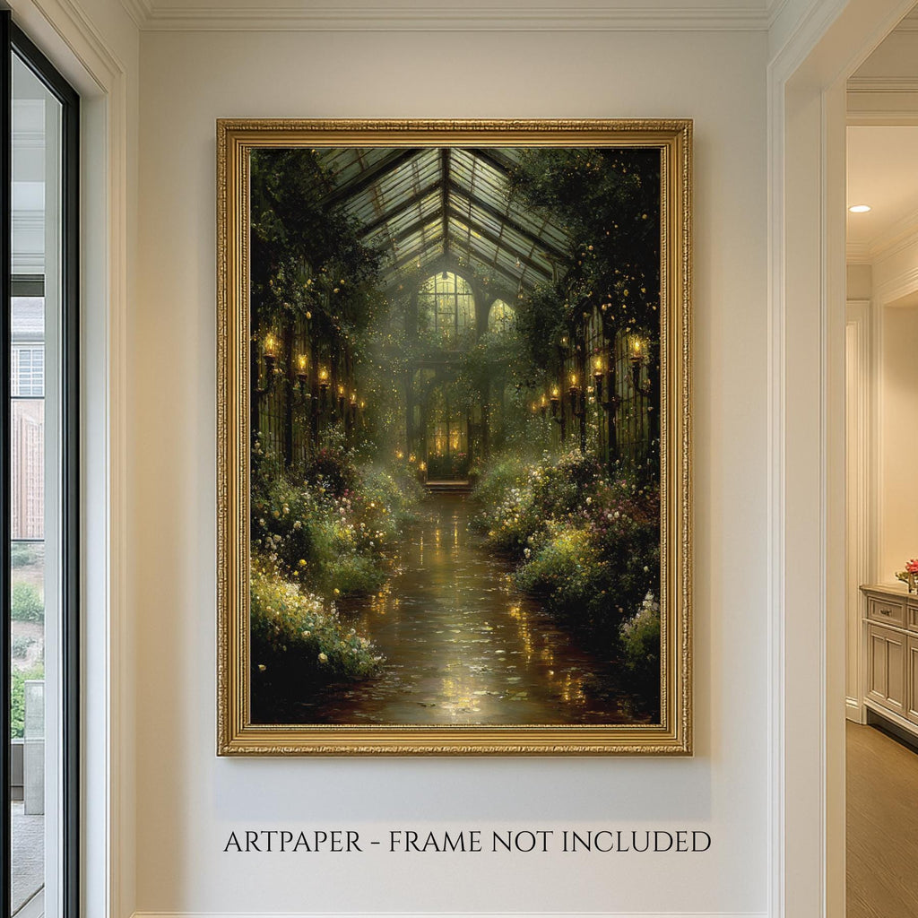 Vintage Greenhouse Wall Art Print, Moody Botanical Conservatory Artwork Painting