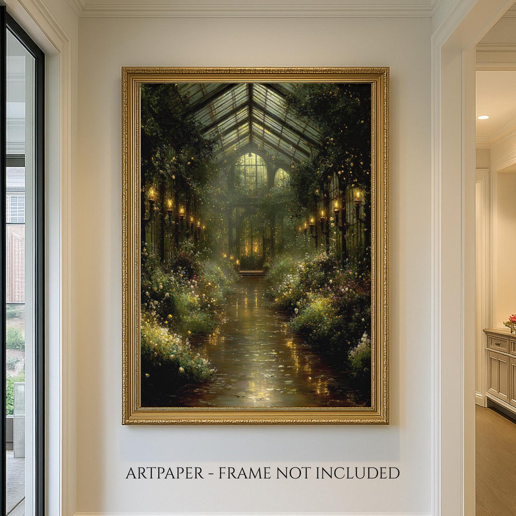 Vintage Greenhouse Wall Art Print, Moody Botanical Conservatory Artwork Painting