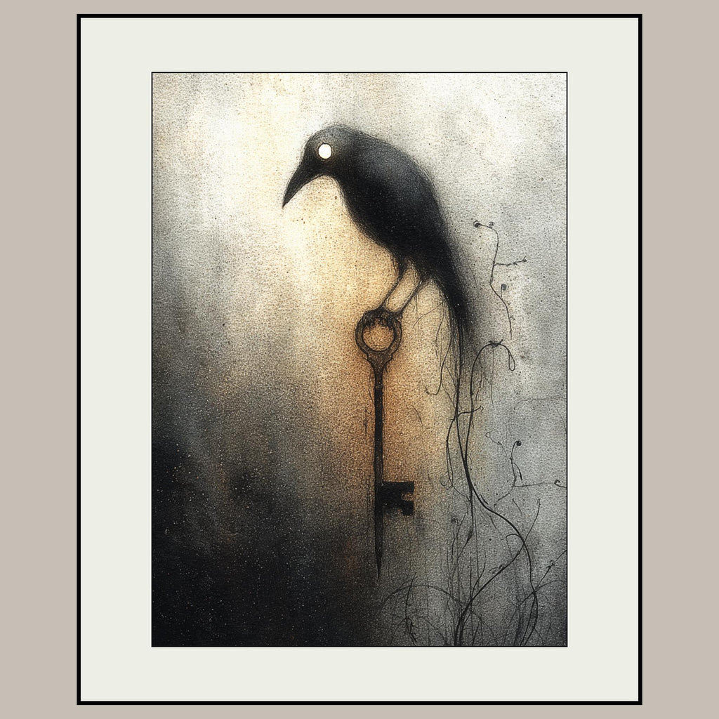 Gothic Raven Wall Art Print Dark Academia Crow Antique Key Moody Neutral Home Decor
