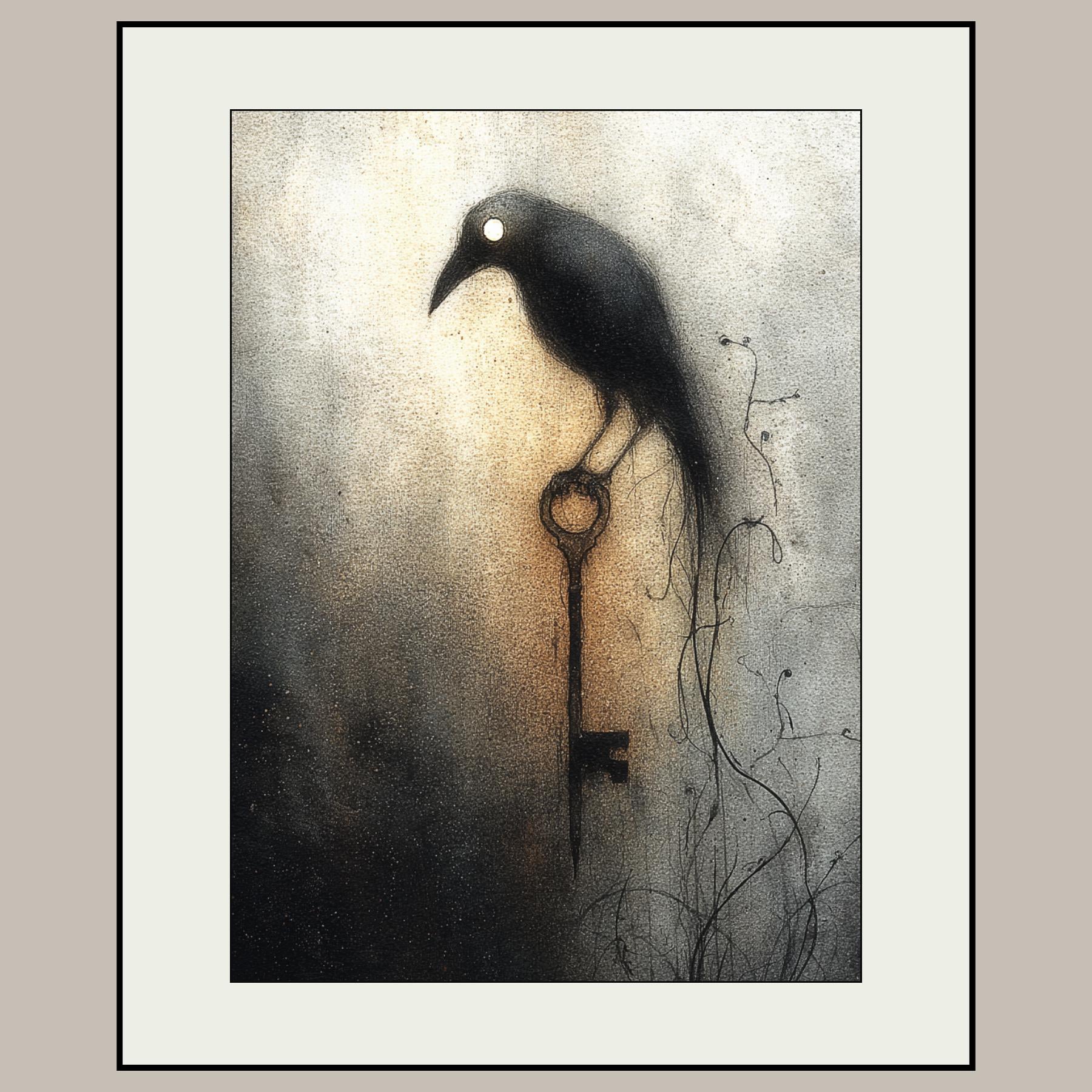 Gothic Raven Wall Art Print Dark Academia Crow Antique Key Moody Neutral Home Decor