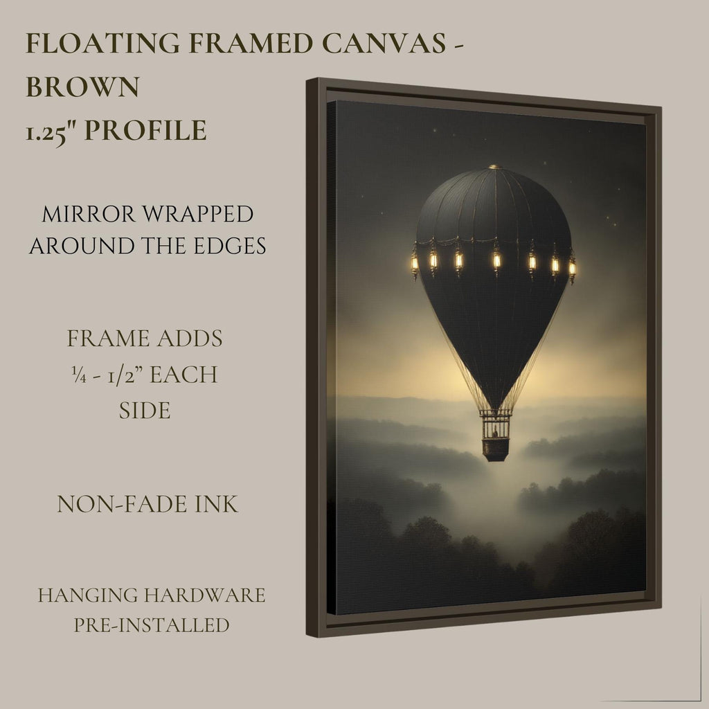 Vintage Black Hot Air Balloon Wall Art Print, Misty Landscape Artwork Moody Painting