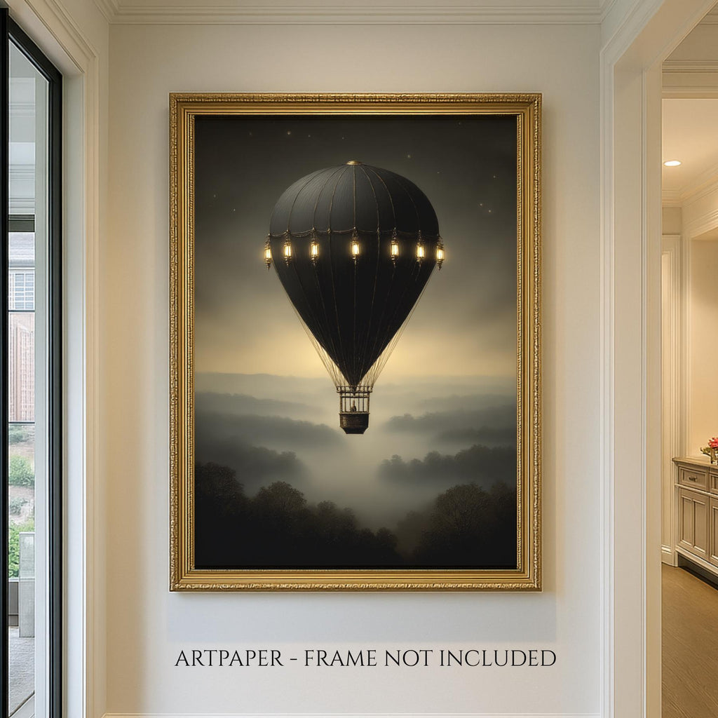 Vintage Black Hot Air Balloon Wall Art Print, Misty Landscape Artwork Moody Painting
