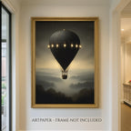 Vintage Black Hot Air Balloon Wall Art Print, Misty Landscape Artwork Moody Painting
