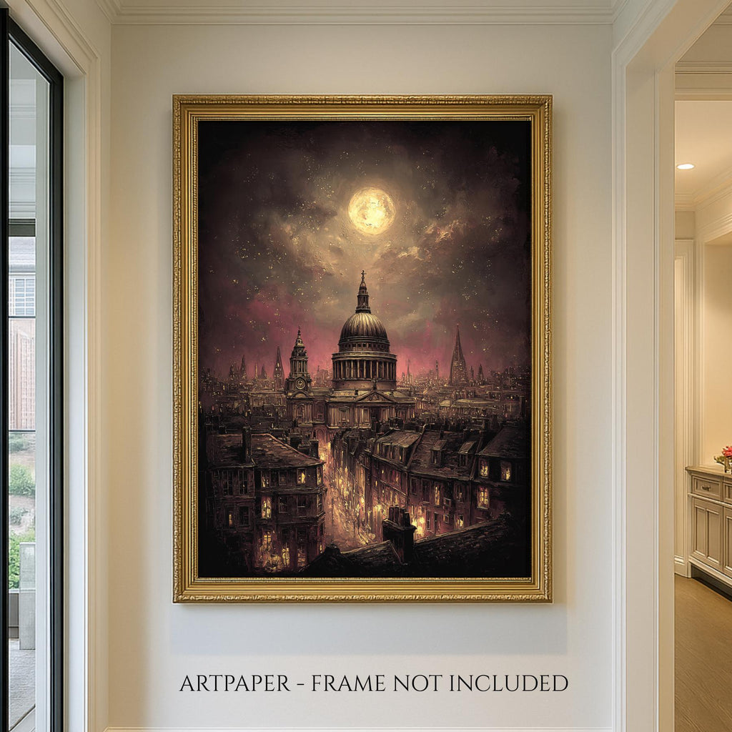 Vintage London at Night Cityscape Wall Art Print, St Pauls Cathedral Artwork
