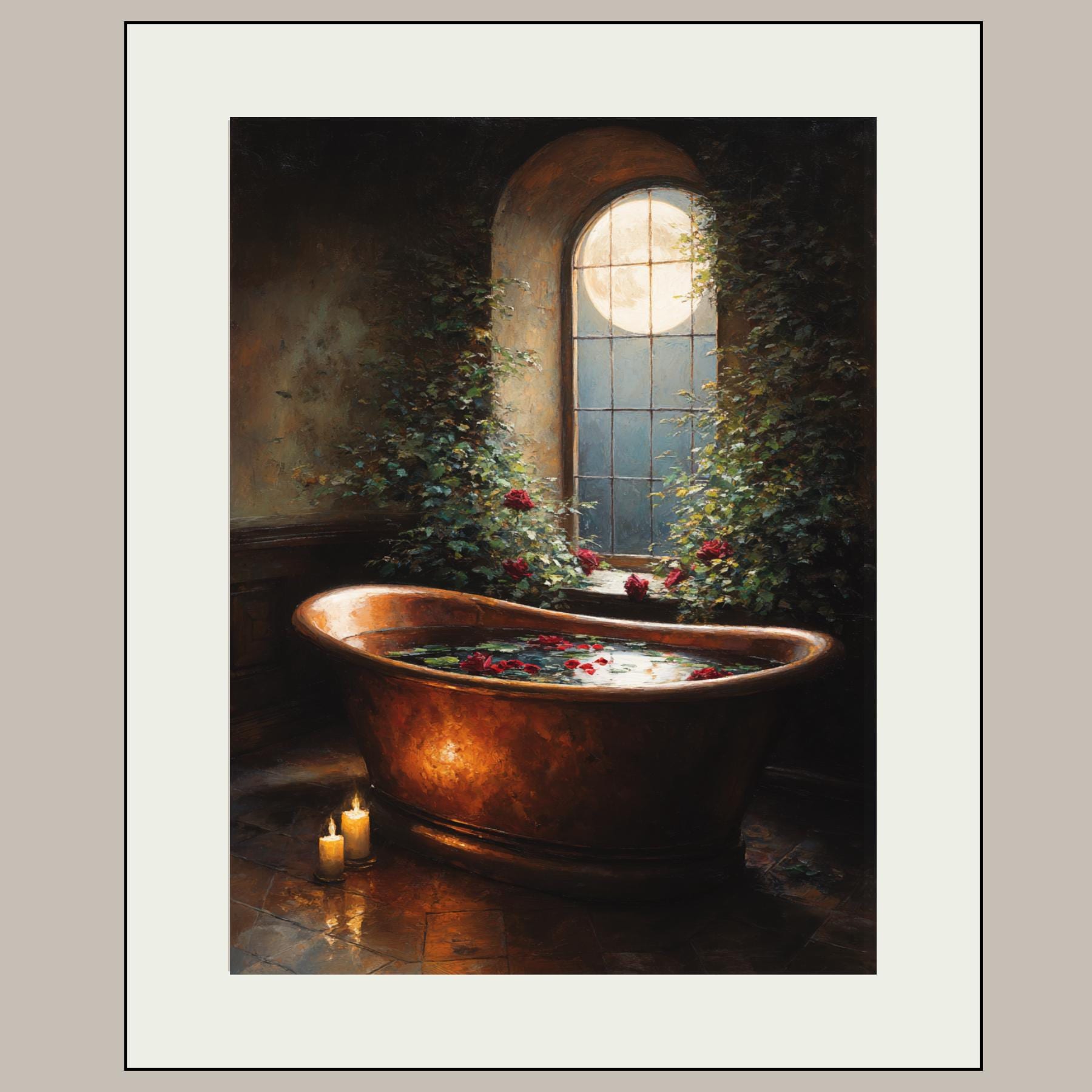 Vintage Bathtub Wall Art Print, Moody Spa Bath Decor, Victorian Copper Tub Painting, Secondary image