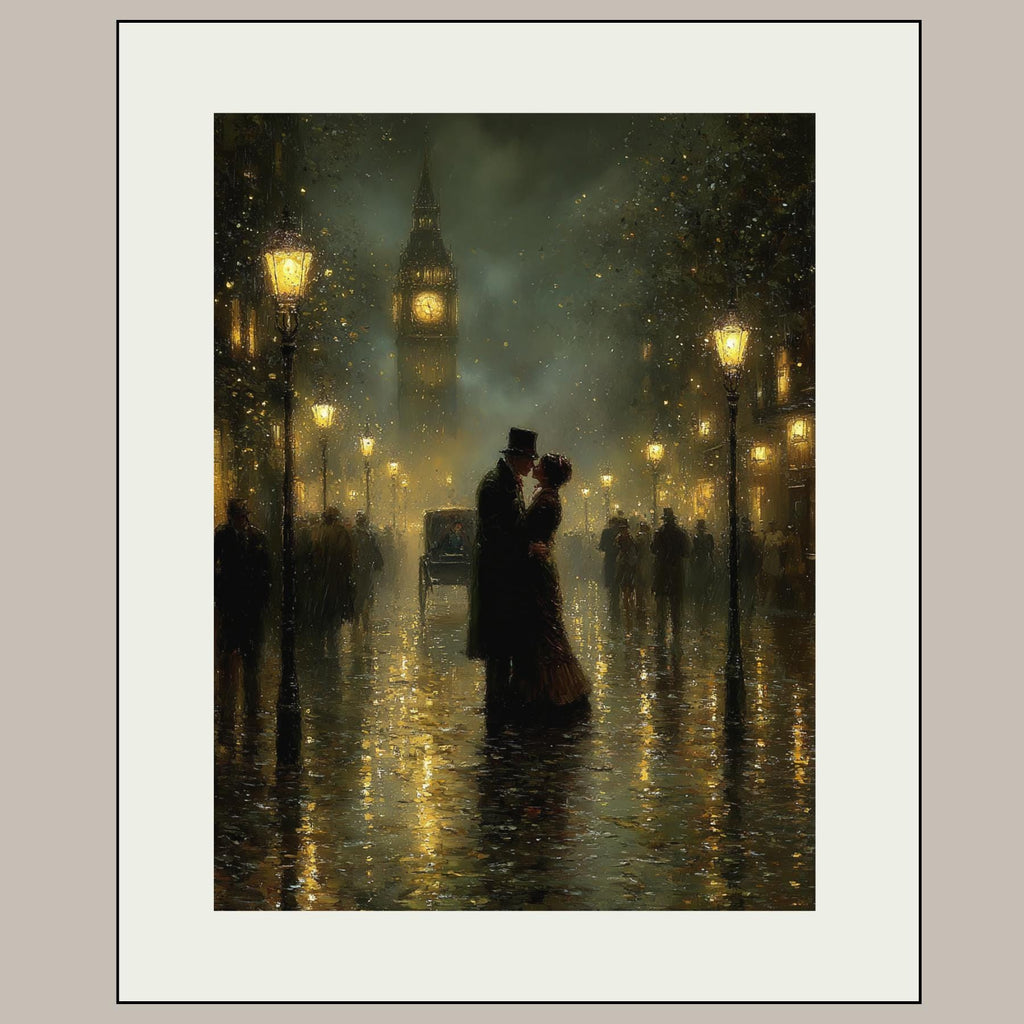 Victorian Kissing Couple Wall Art Print Big Ben, Rainy London Cityscape Painting