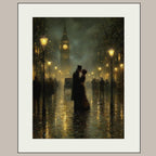 Victorian Kissing Couple Wall Art Print Big Ben, Rainy London Cityscape Painting