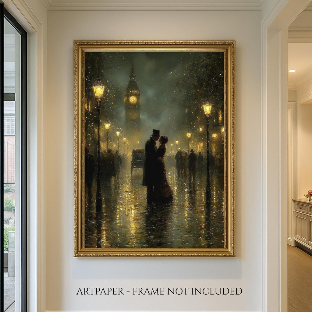 Victorian Kissing Couple Wall Art Print Big Ben, Rainy London Cityscape Painting