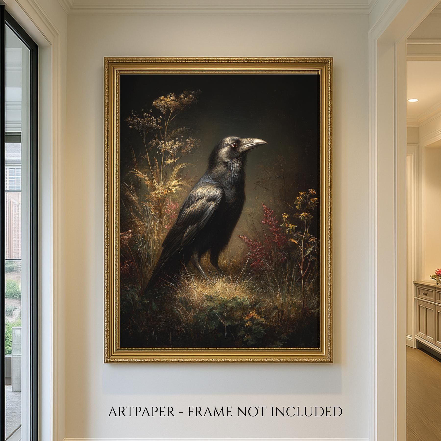 Raven Wall Art Print, Dark Academia Bird Artwork, Gothic Victorian Style Wildlife Painting