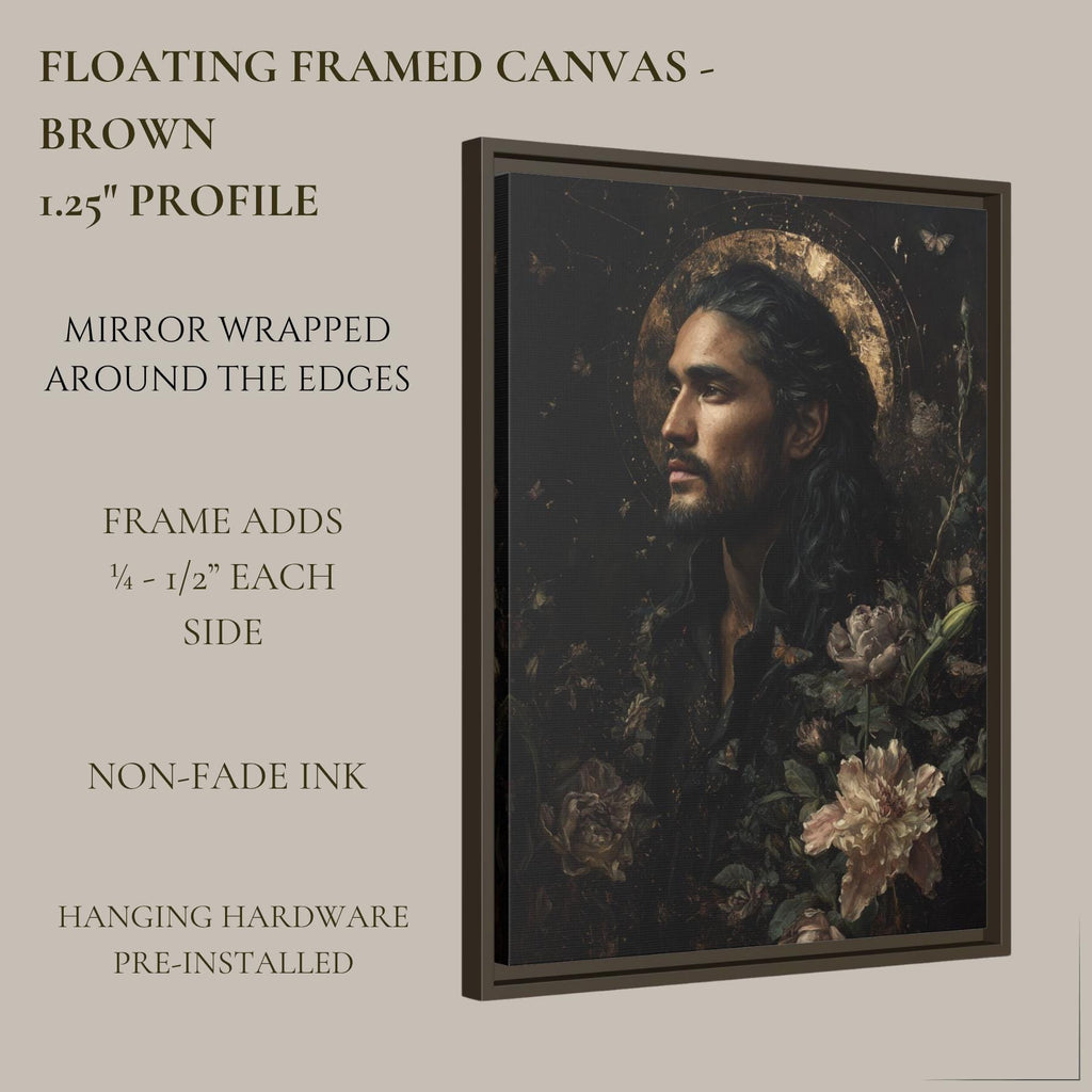 Celestial Male Portrait Print, Dark Haired Man Wall Art Painting, Moody Botanical Decor