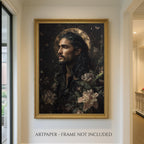 Celestial Male Portrait Print, Dark Haired Man Wall Art Painting, Moody Botanical Decor