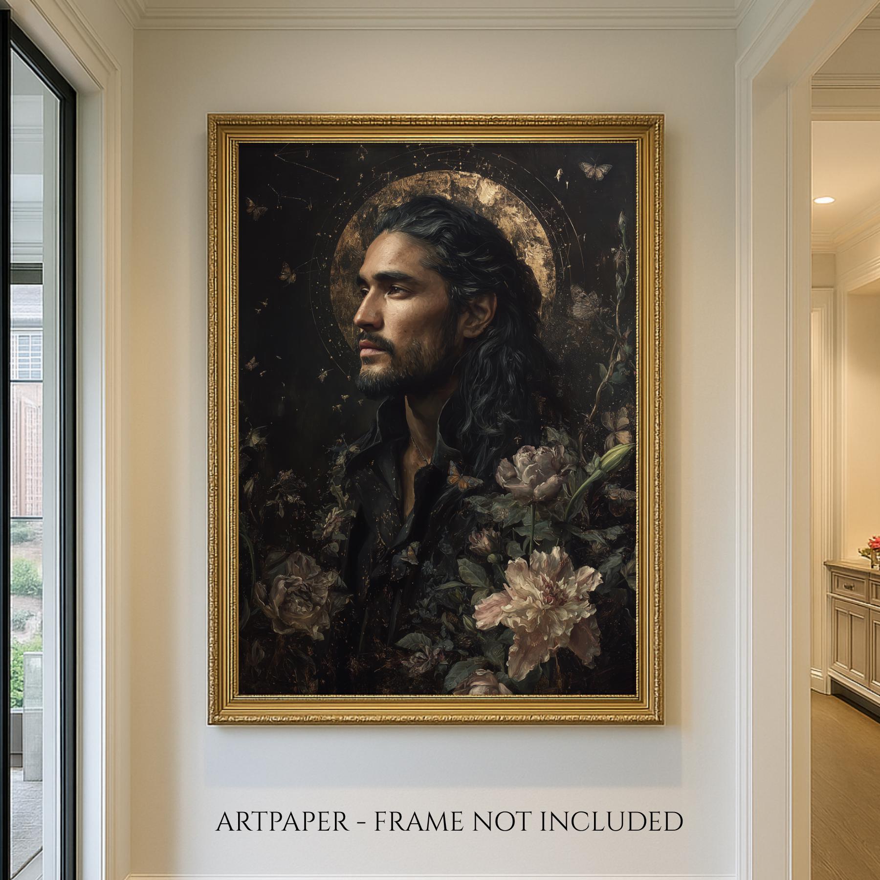 Celestial Male Portrait Print, Dark Haired Man Wall Art Painting, Moody Botanical Decor