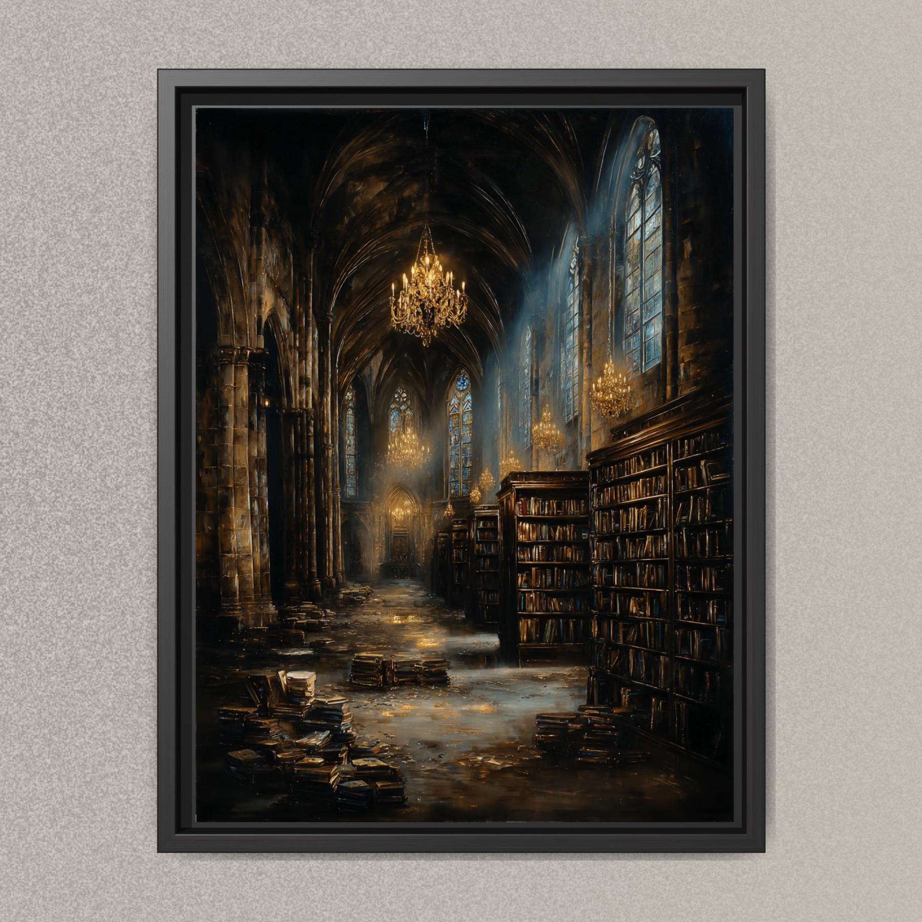 Gothic Cathedral Library Print, Medieval Stone Architecture, Atmospheric oil Painting Style Decor Main image