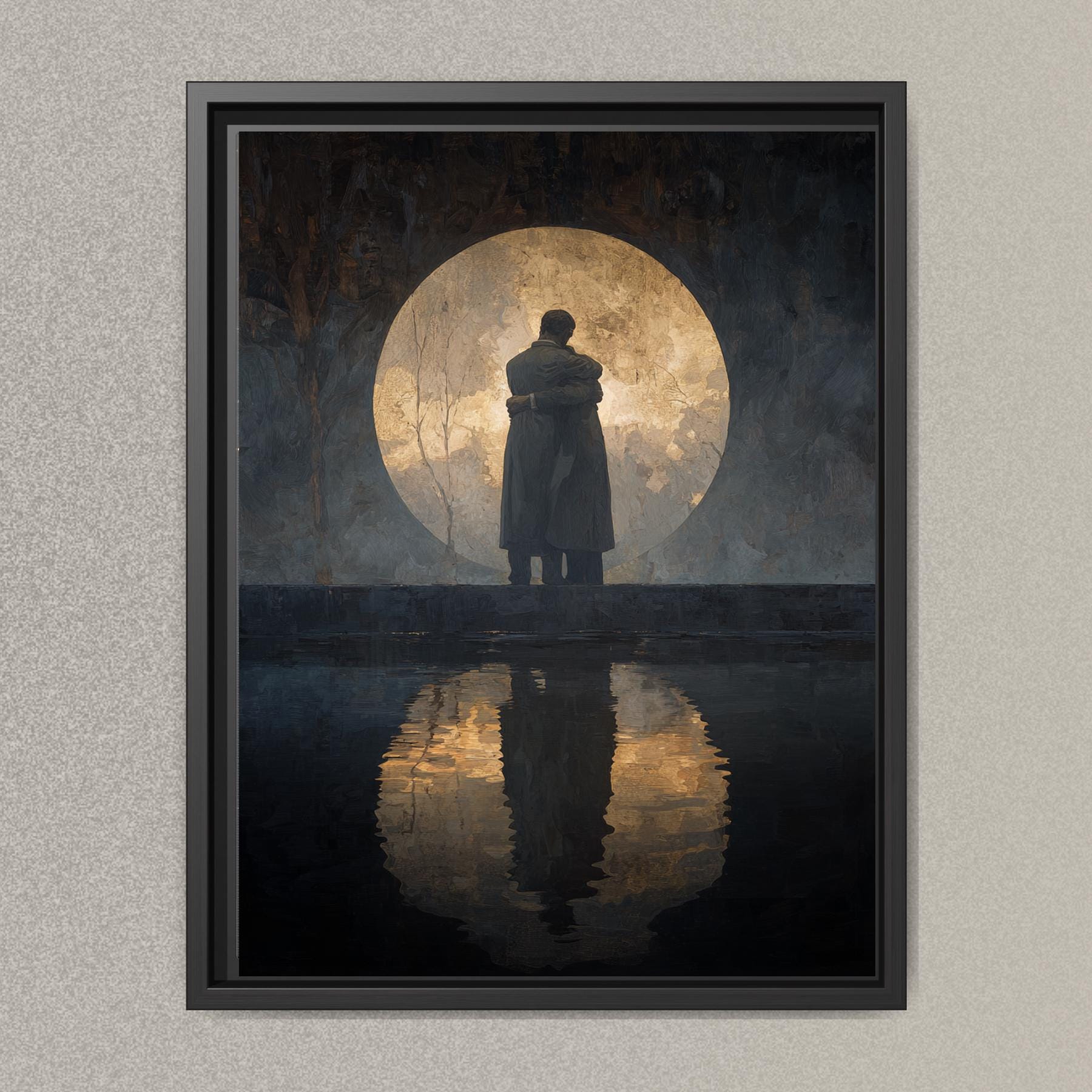 Two Men Hugging, Moon Refelection Wall Art Print, Memorial Artwork, Grief  Bereavement Decor, Main image