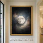 Moody Full Moon Wall Art Print, Dark Atmospheric Night Sky, Celestial Clouds Mystical Painting