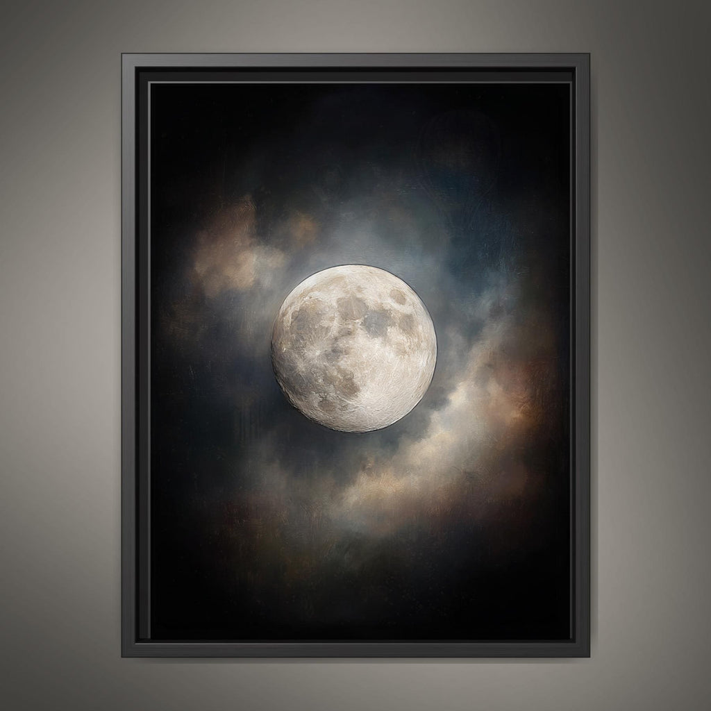 Moody Full Moon Wall Art Print, Dark Atmospheric Night Sky, Celestial Clouds Mystical Painting