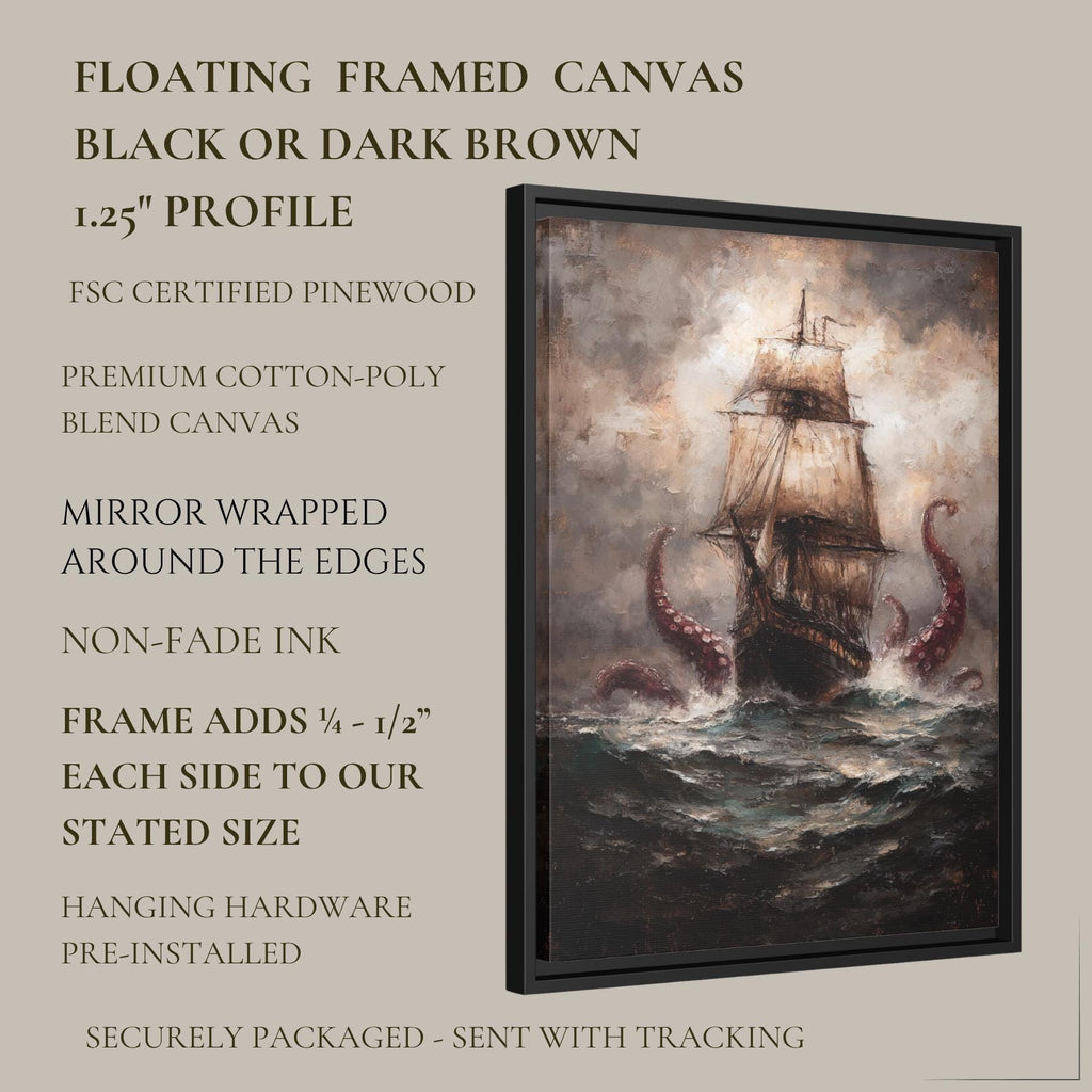 Kraken Pirate Ship Wall Art Print, Dramatic Sea Storm Painting, Moody Maritime Artwork