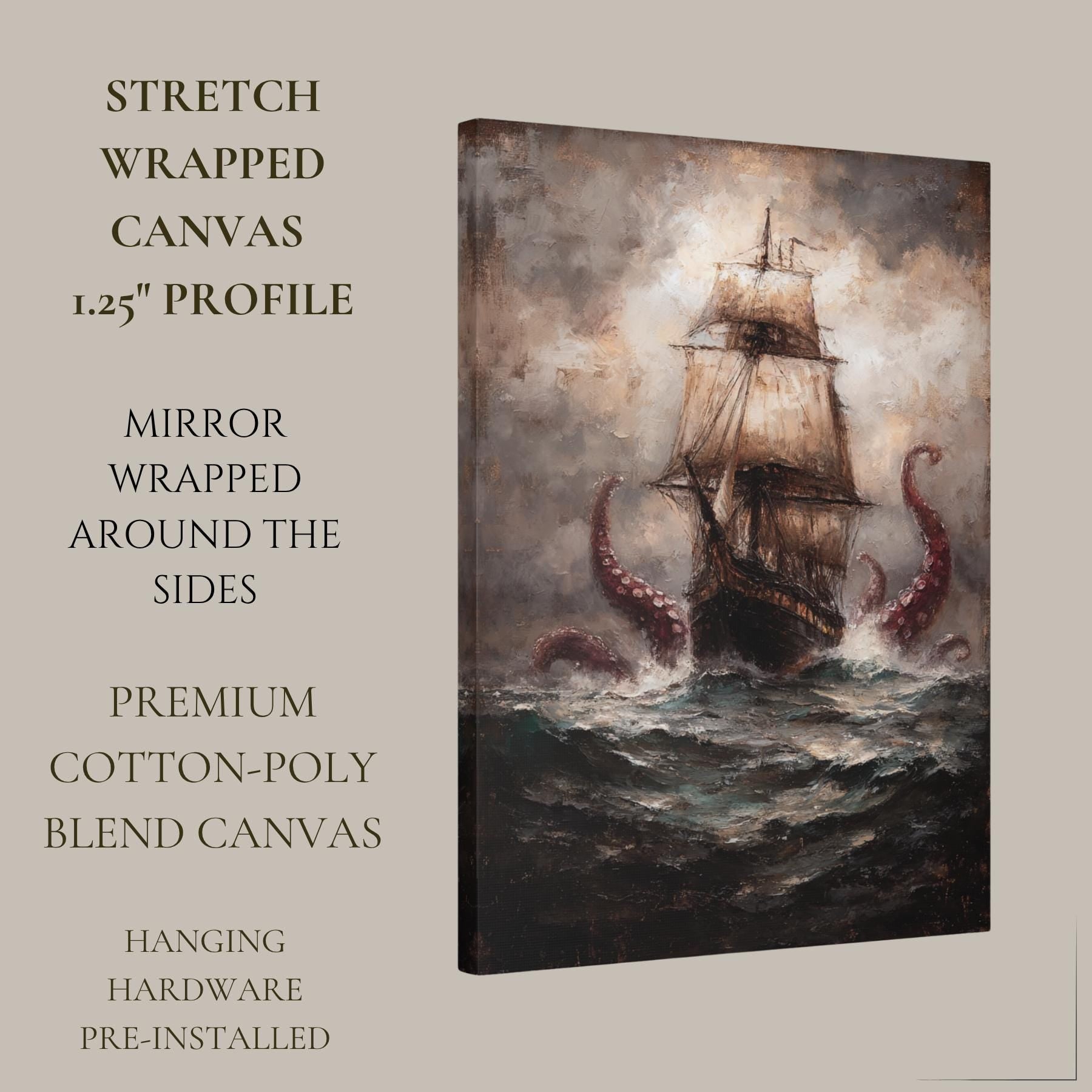 Kraken Pirate Ship Wall Art Print, Dramatic Sea Storm Painting, Moody Maritime Artwork