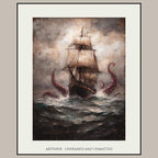 Kraken Pirate Ship Wall Art Print, Dramatic Sea Storm Painting, Moody Maritime Artwork