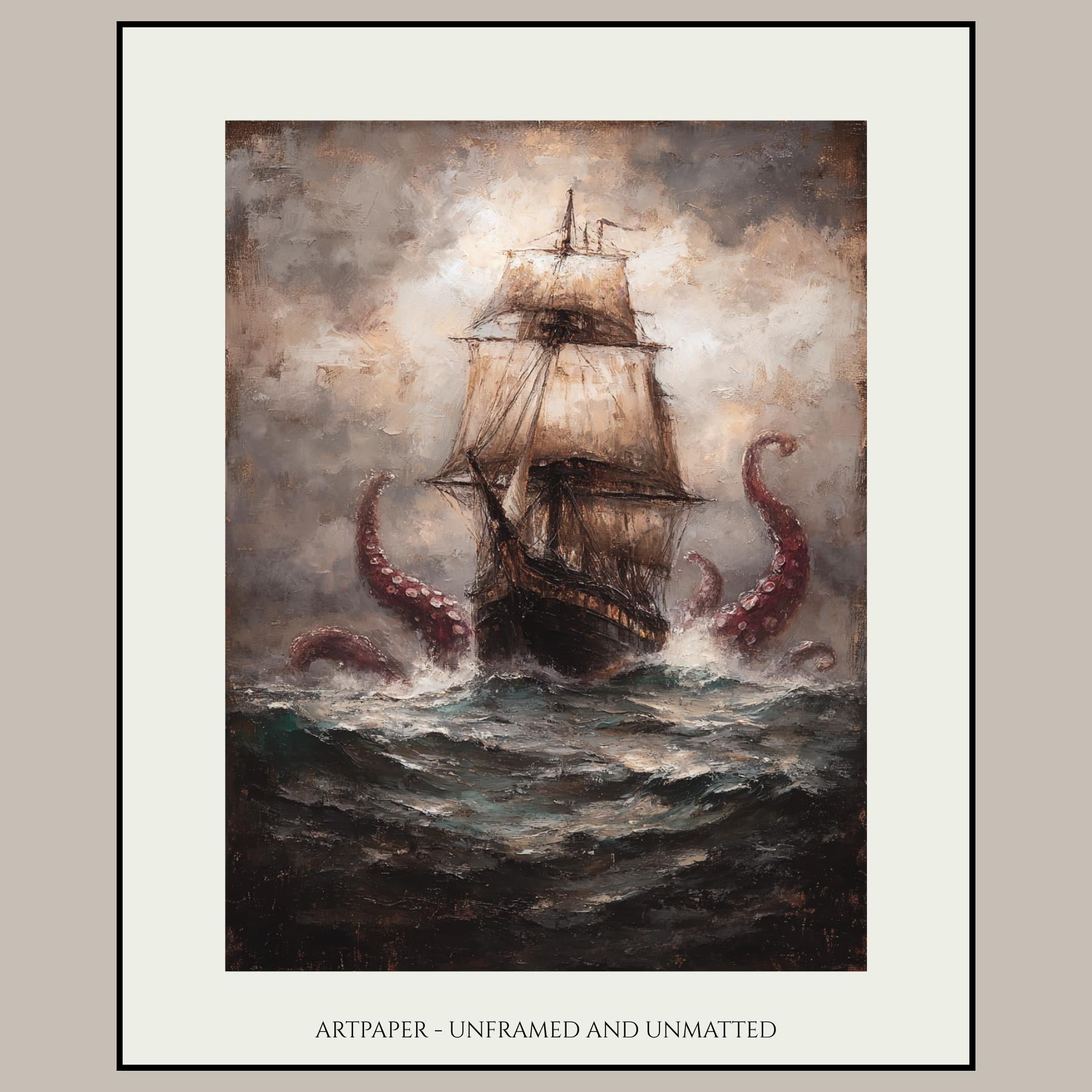 Kraken Pirate Ship Wall Art Print, Dramatic Sea Storm Painting, Moody Maritime Artwork
