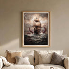 Kraken Pirate Ship Wall Art Print, Dramatic Sea Storm Painting, Moody Maritime Artwork
