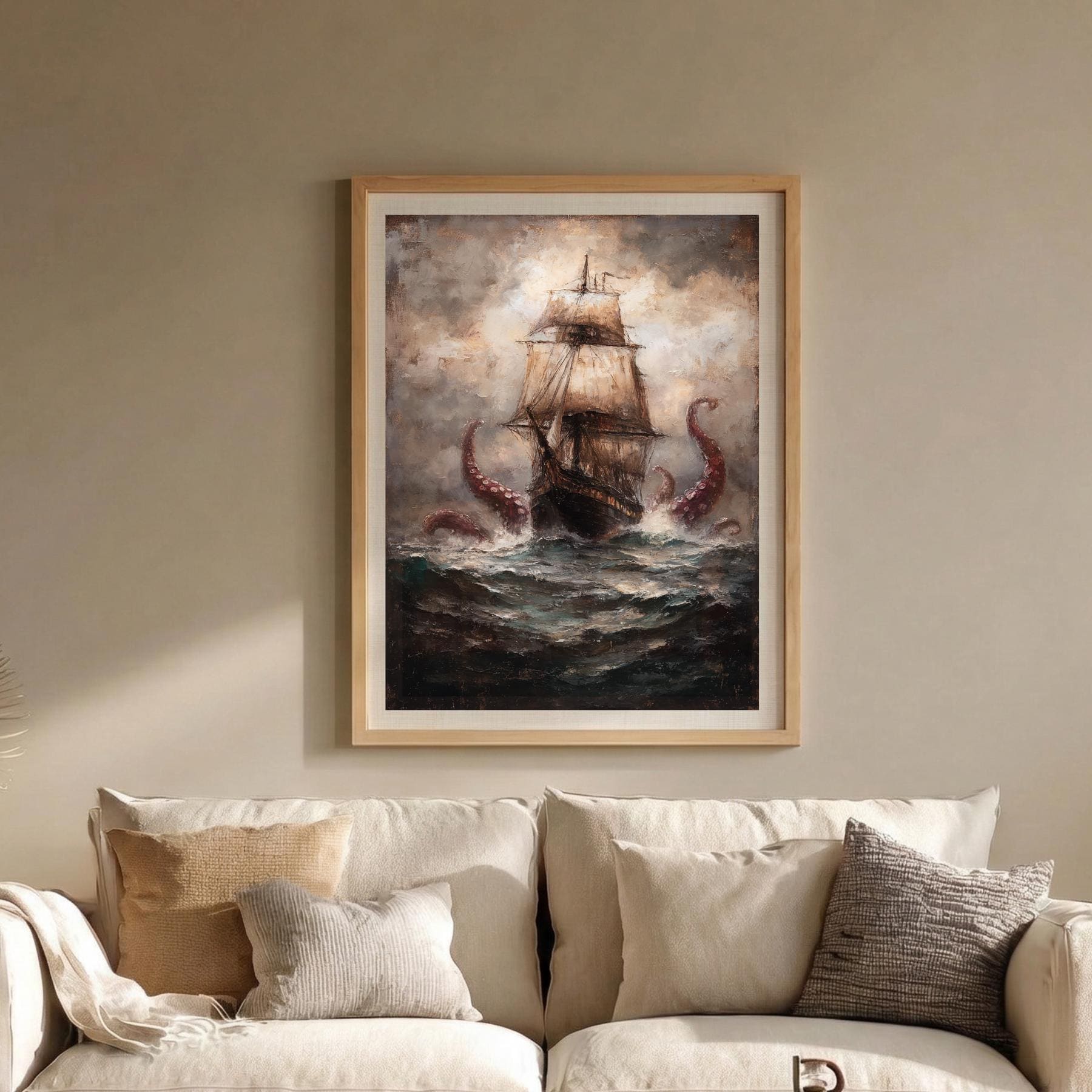 Kraken Pirate Ship Wall Art Print, Dramatic Sea Storm Painting, Moody Maritime Artwork