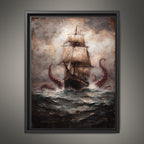 Kraken Pirate Ship Wall Art Print, Dramatic Sea Storm Painting, Moody Maritime Artwork