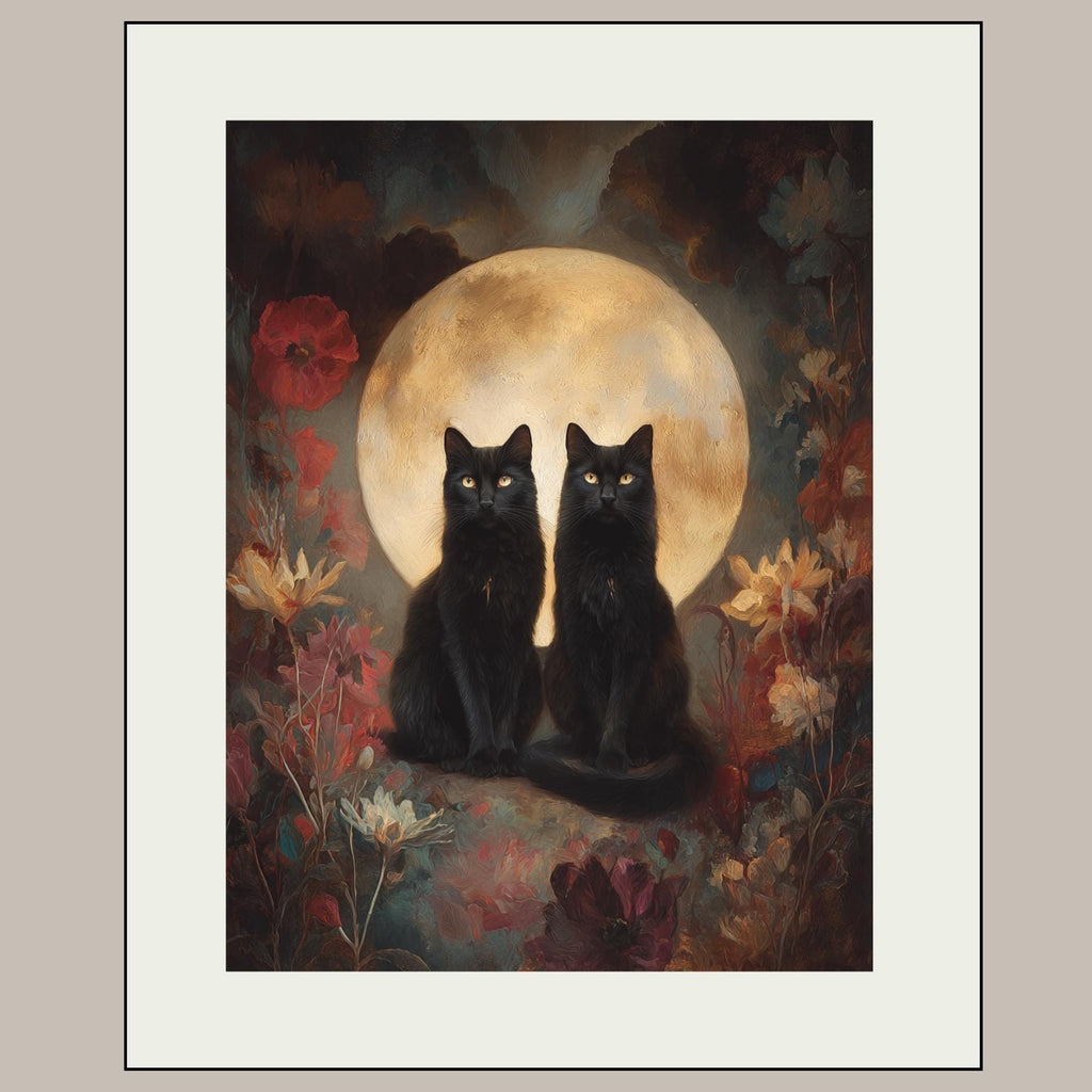 Twin Black Cats Moon Wall Art, Gothic Cat Print Dark Academia Witchy Celestial Decor