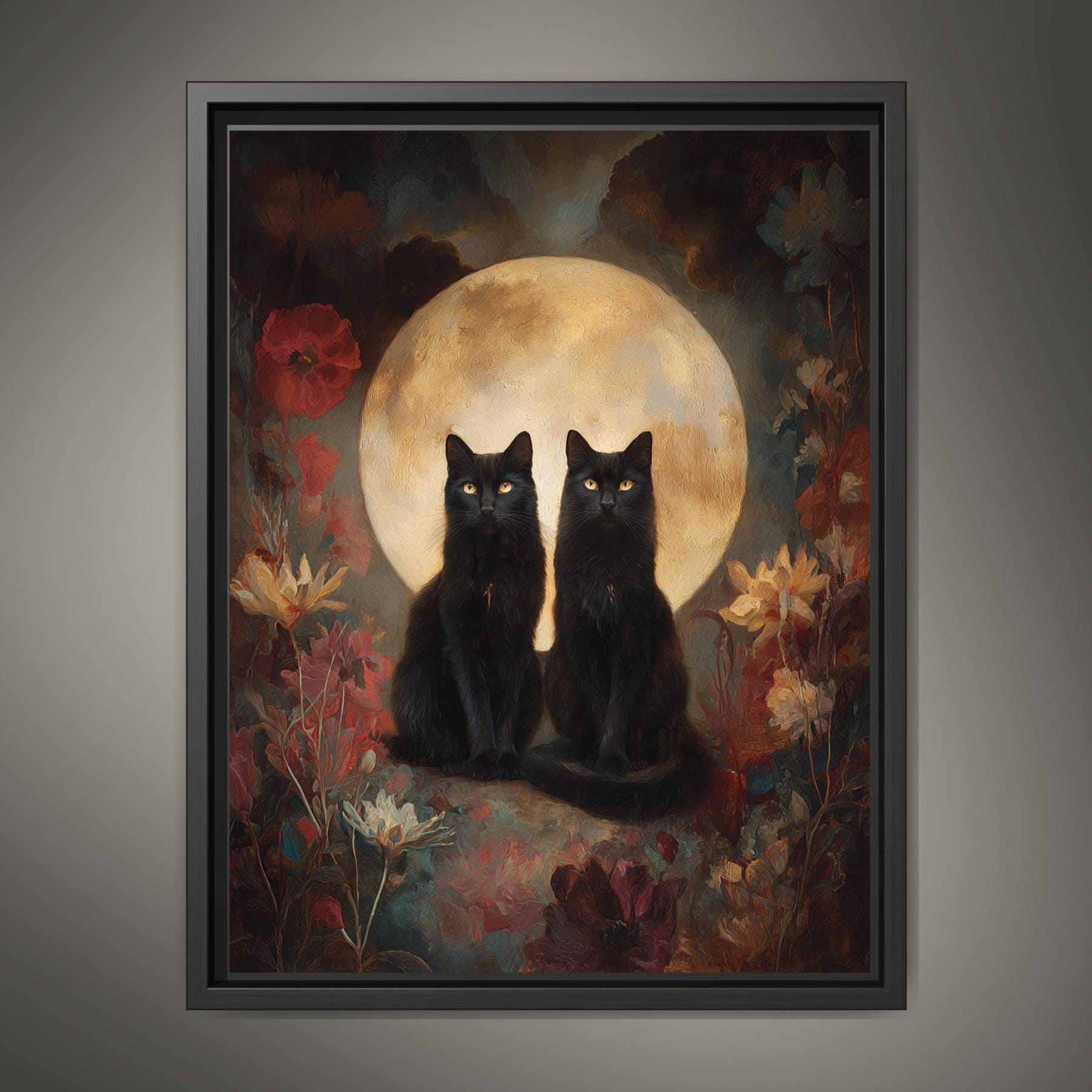Twin Black Cats Moon Wall Art, Gothic Cat Print Dark Academia Witchy Celestial Decor Main image