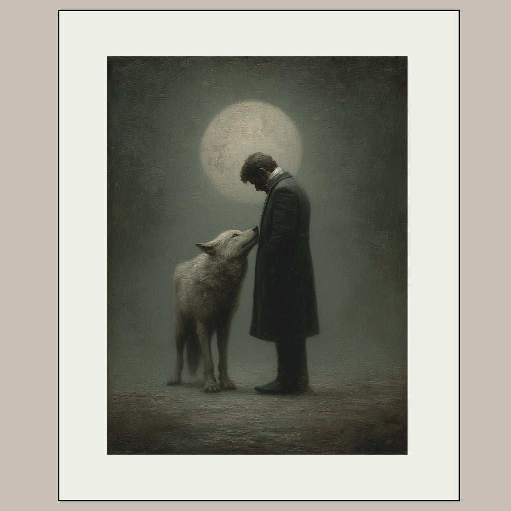 Moonlit Man and Wolf Wall Art Print, Mystical Nightime Direwolf Guardian Painting