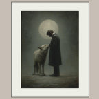 Moonlit Man and Wolf Wall Art Print, Mystical Nightime Direwolf Guardian Painting