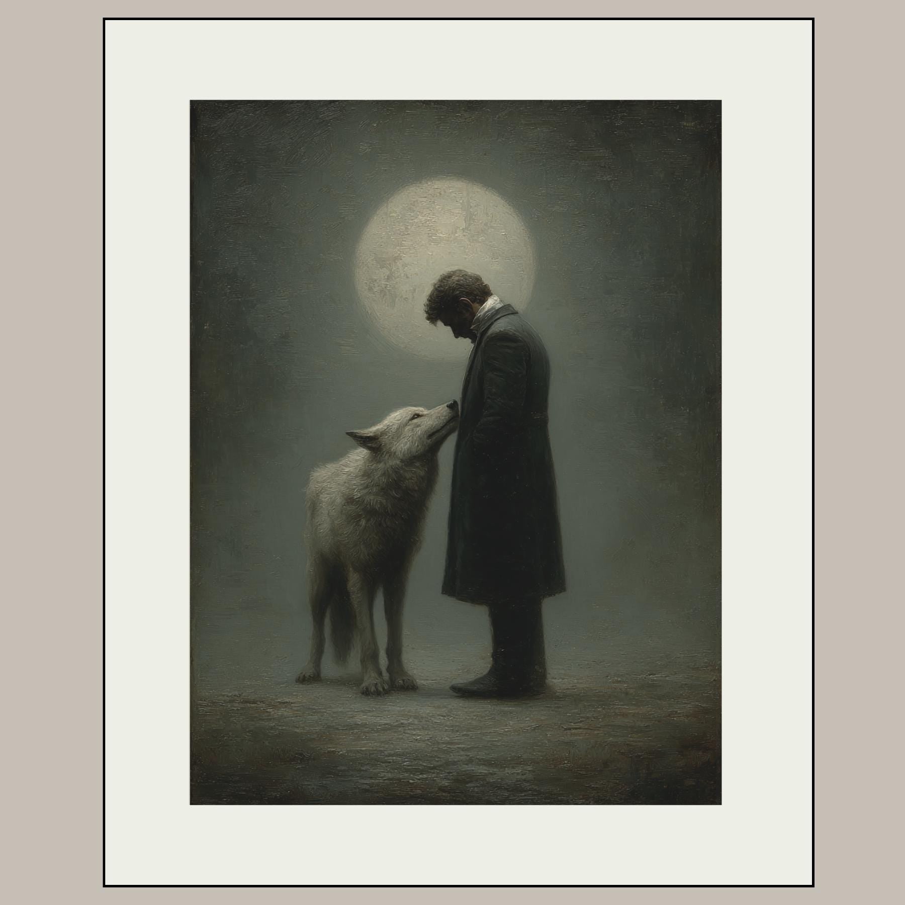 Moonlit Man and Wolf Wall Art Print, Mystical Nightime Direwolf Guardian Painting