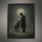 Moonlit Man and Wolf Wall Art Print, Mystical Nightime Direwolf Guardian Painting
