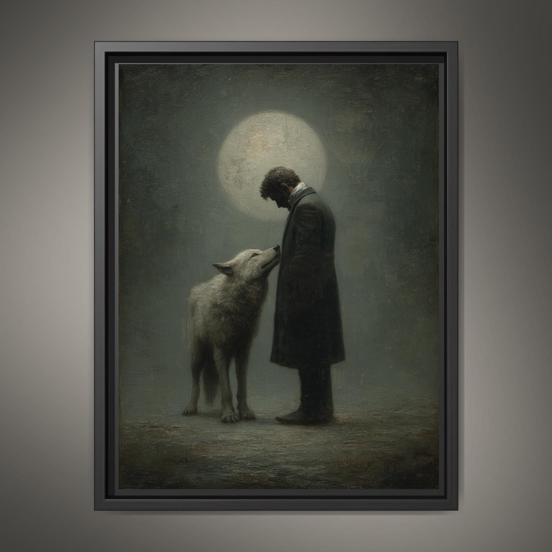 Moonlit Man and Wolf Wall Art Print, Mystical Nightime Direwolf Guardian Painting